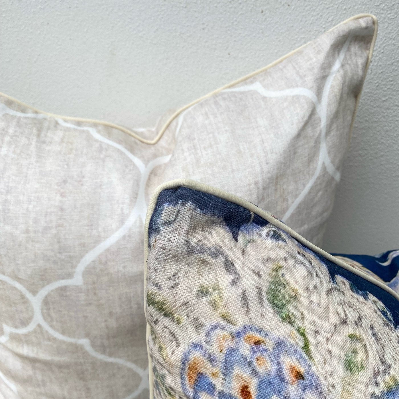 Set of 2 Designer French Linen Dark Blue and Beige Botanical Jacobean Cushions