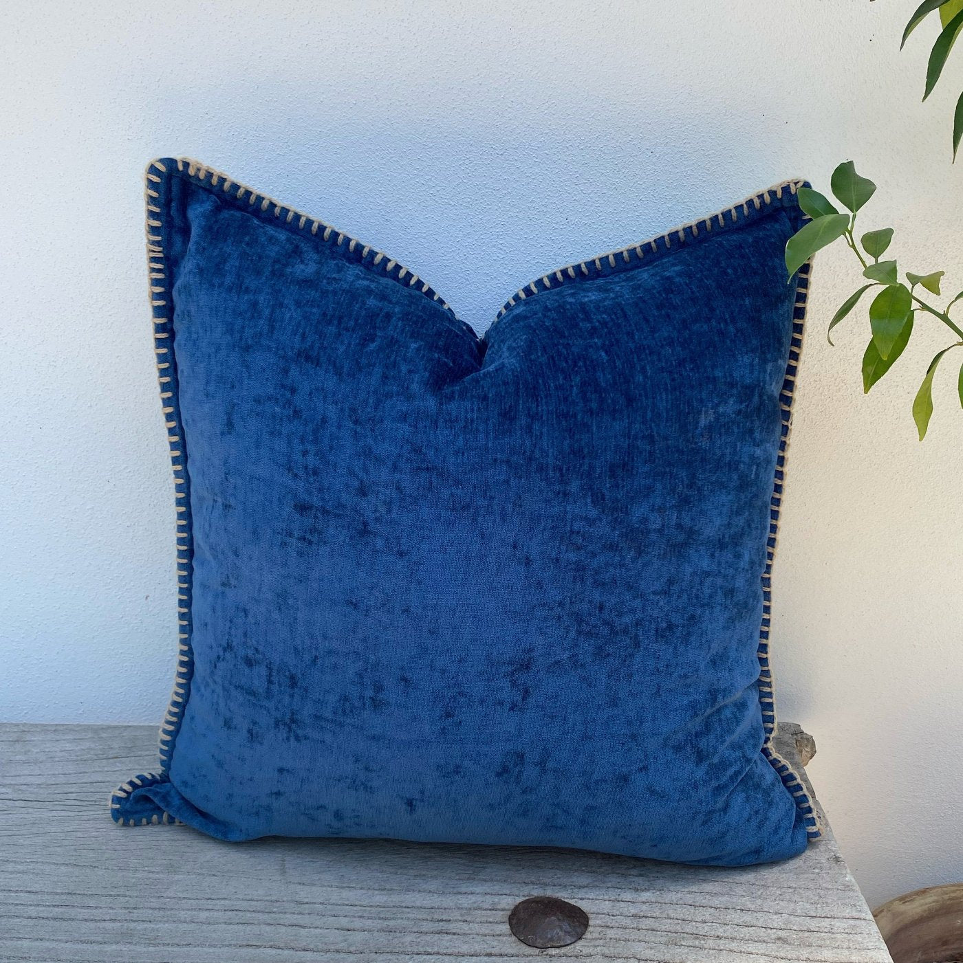 Blue Velvety Chenille Cushion Cover with Woven Jute Edge | Navy