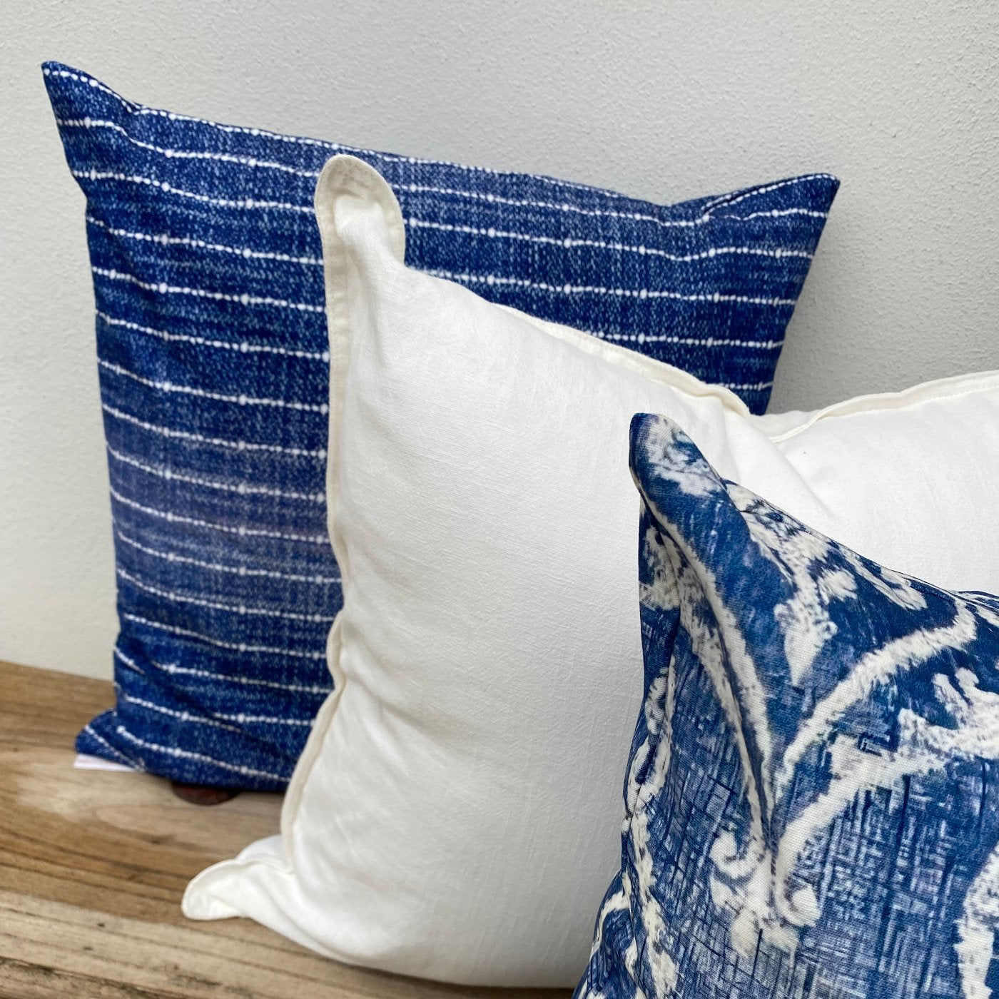 Boho Set of 3 Blue and White Cushions