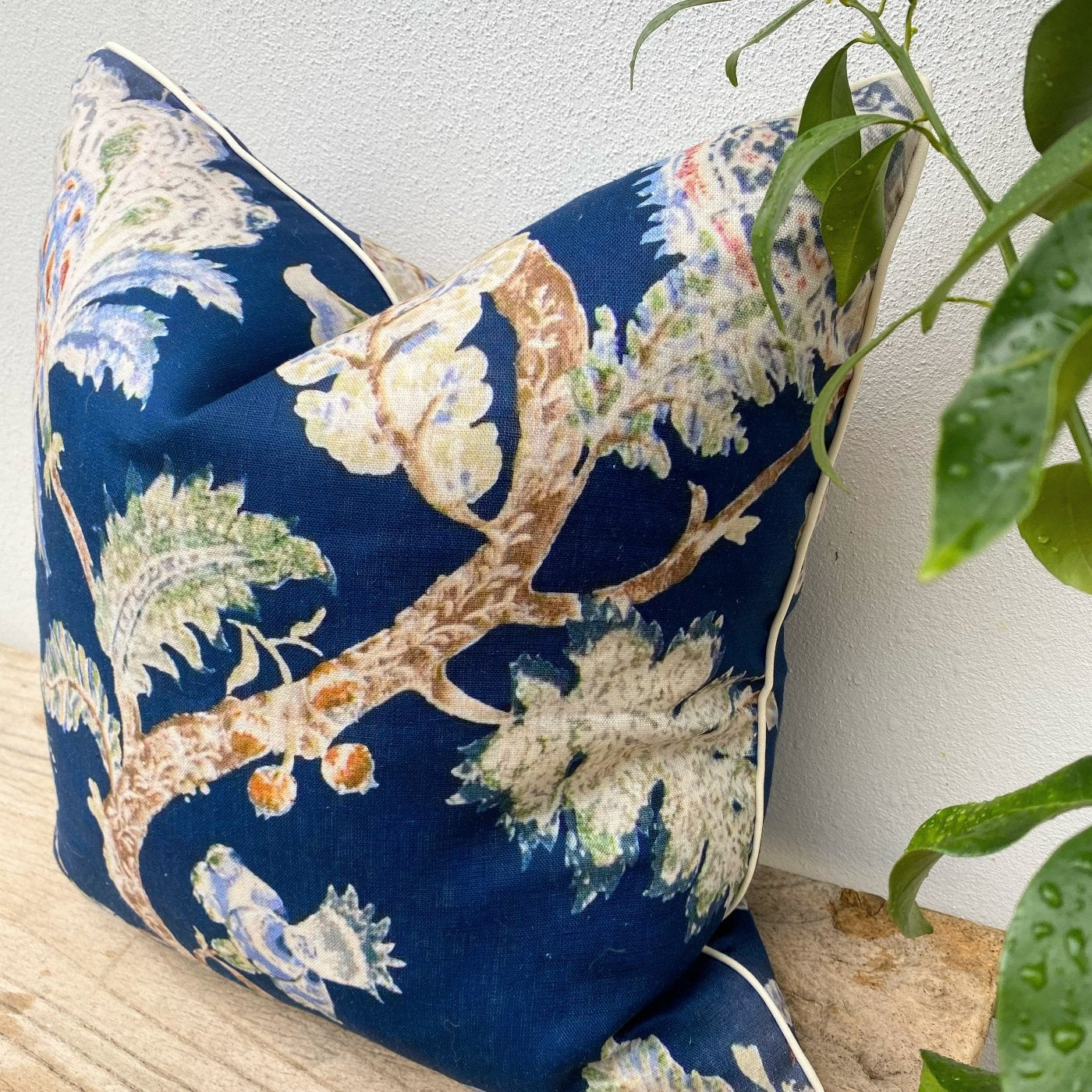 Dark Blue French Linen Floral Cushion