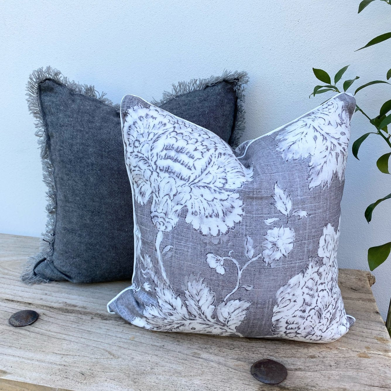 Set of 2 Floral Grey and White French Linen Cushions