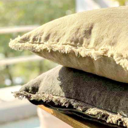 Natural Beige French Flax Linen Fringed Cushion Cover