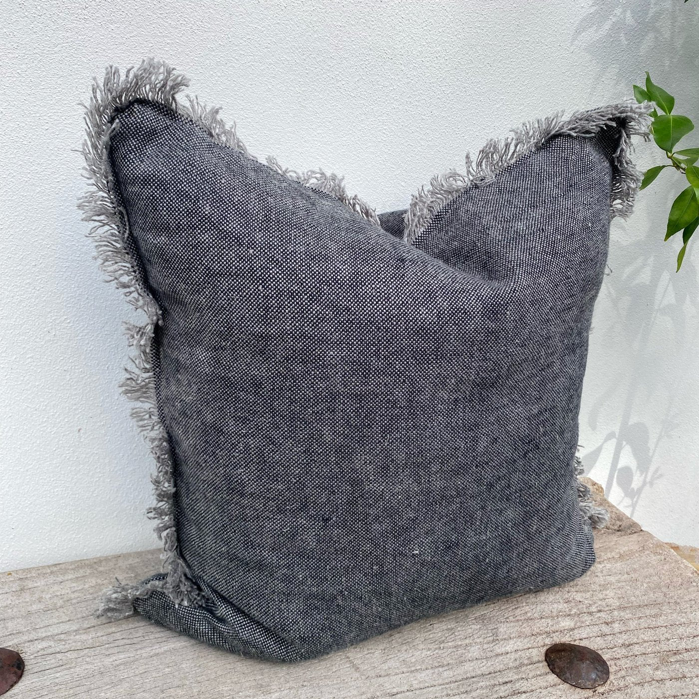 50cm Natural Grey French Flax Linen Fringed Cushion Cover