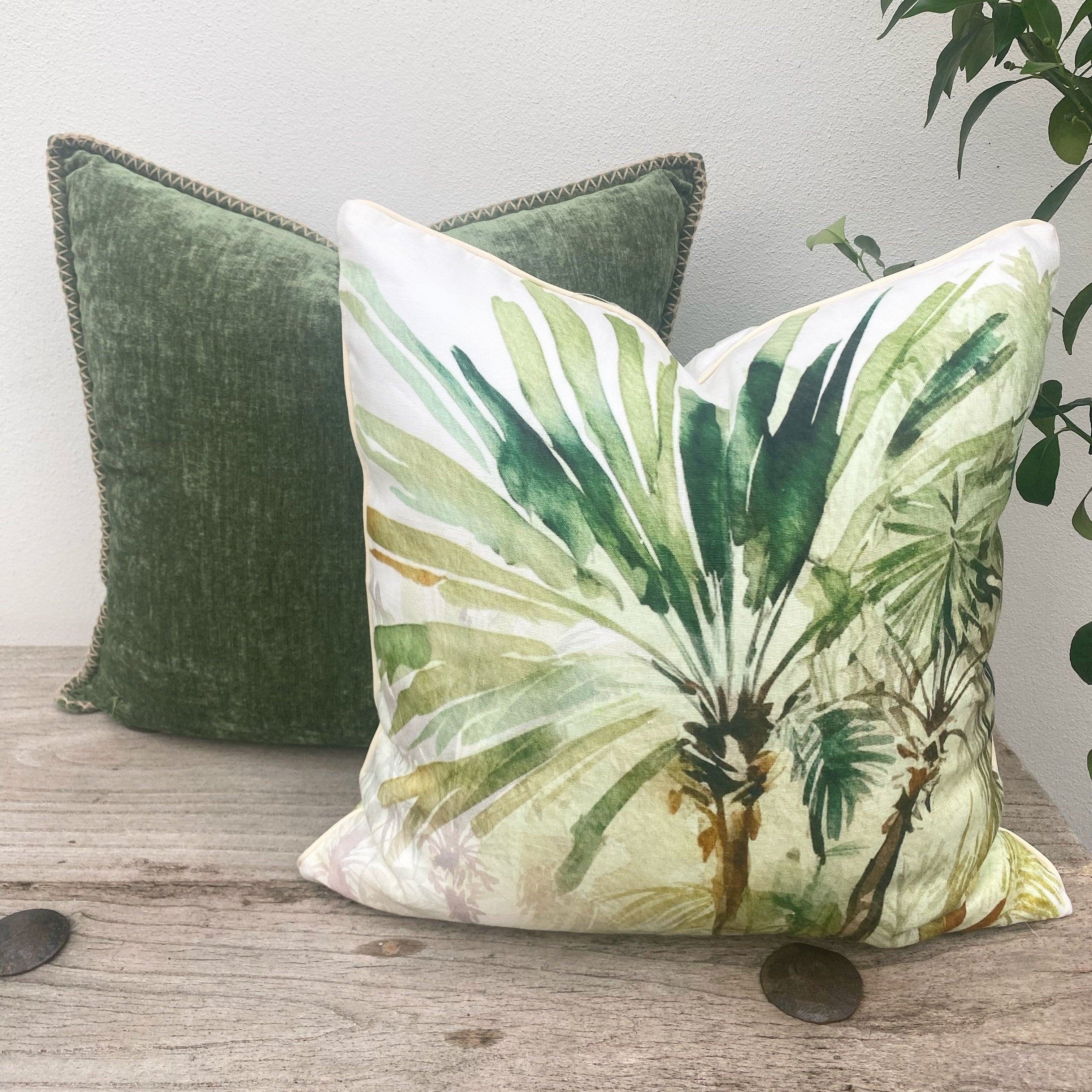 Watercolour Palm Tree Cushion Luxury French Linen Fabric