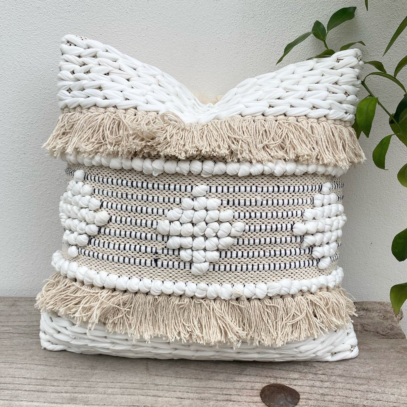 Natural White Beige Tassel Indian Cushion