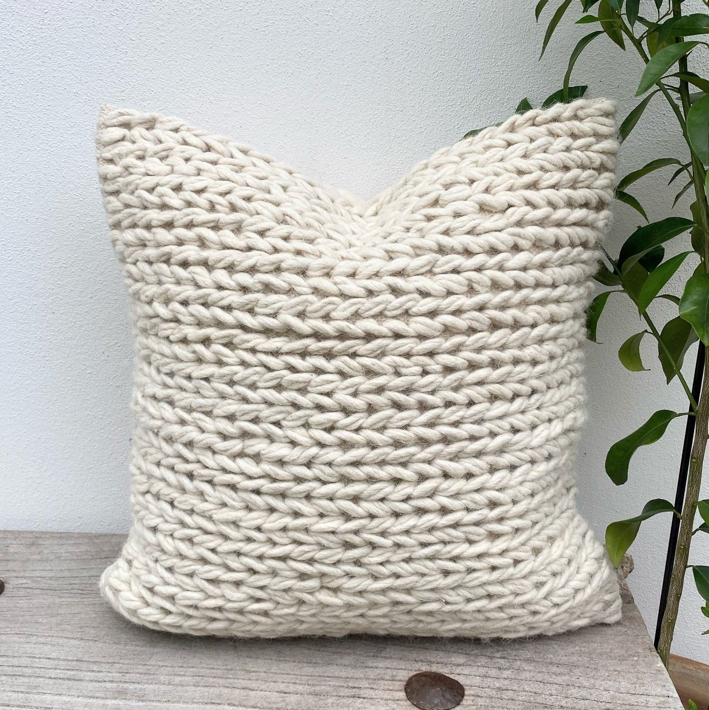 Natural White Wool Cable Knit Cushion