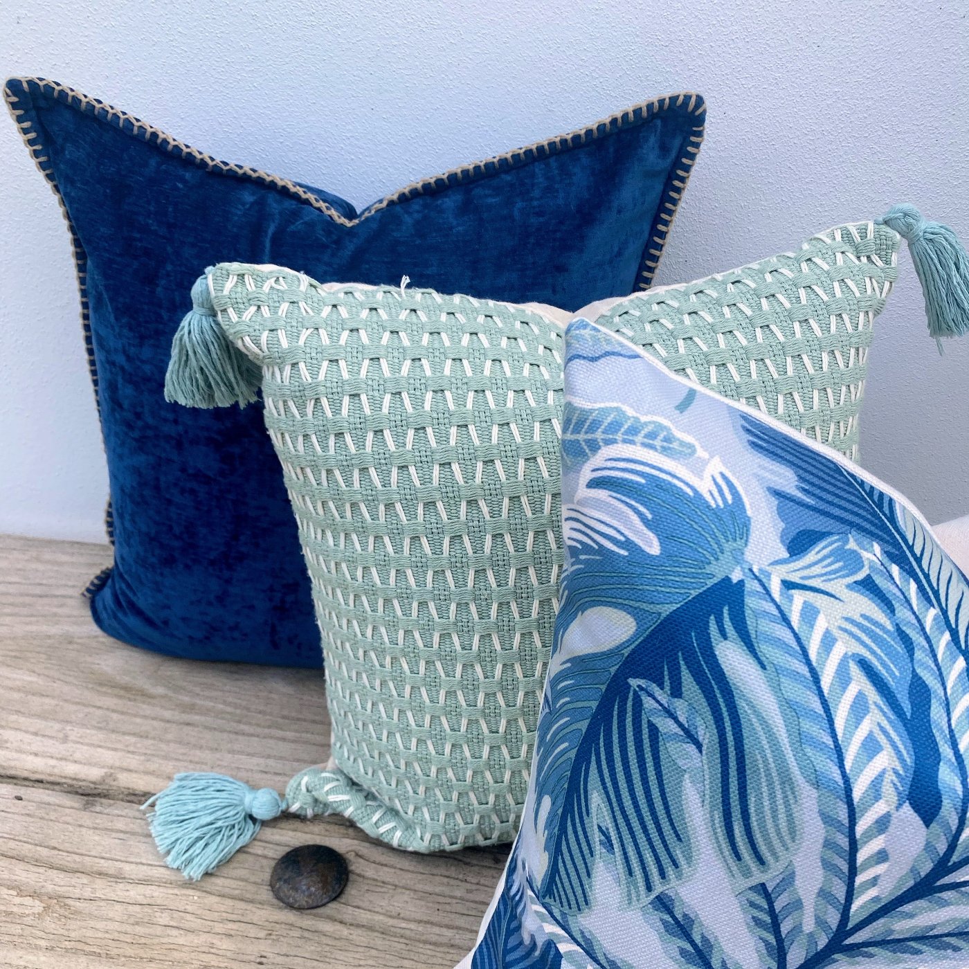 Set of Green and Blue Palm Tree Cushions