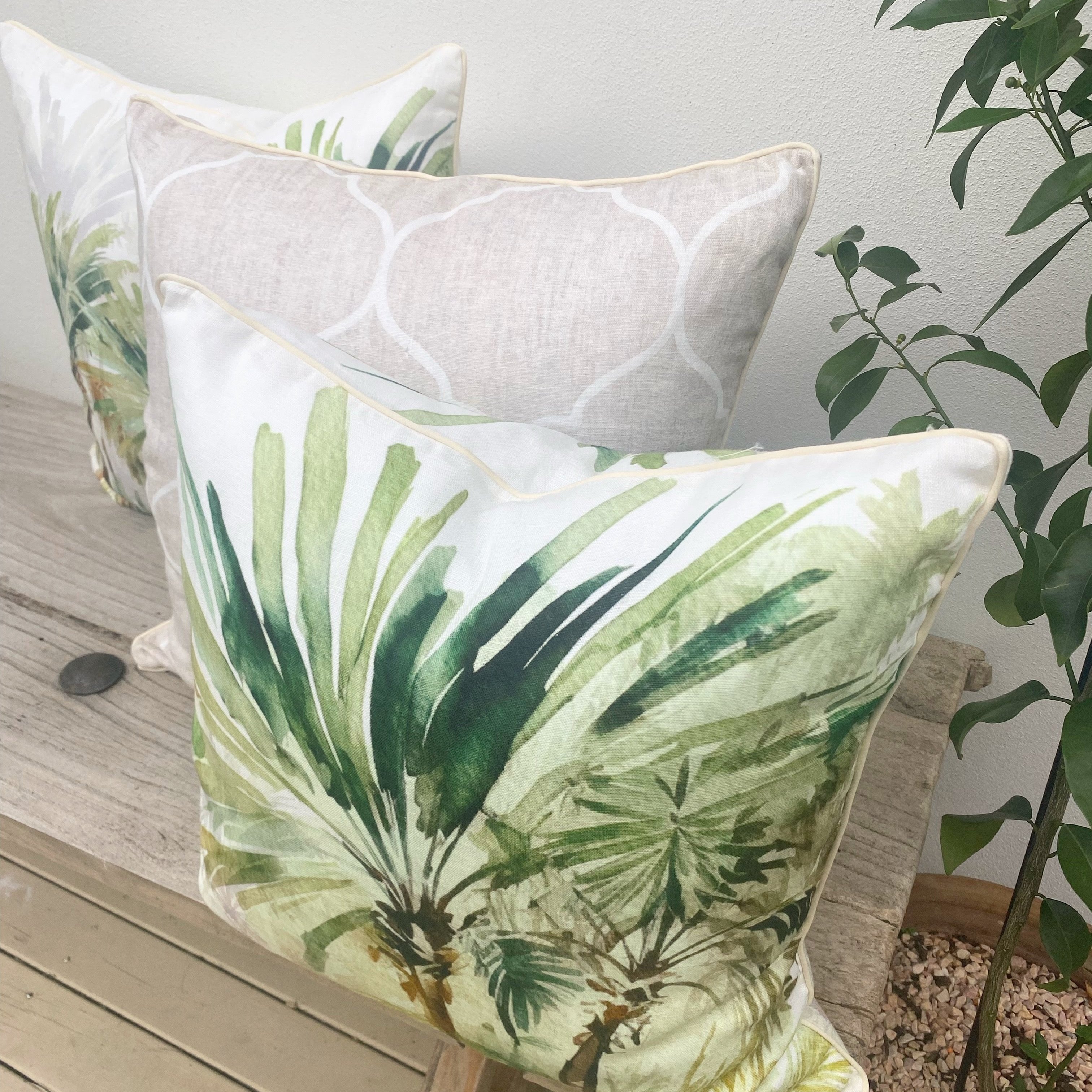 Set of 3 Piped Edge Linen Palm Tree Cushion Covers