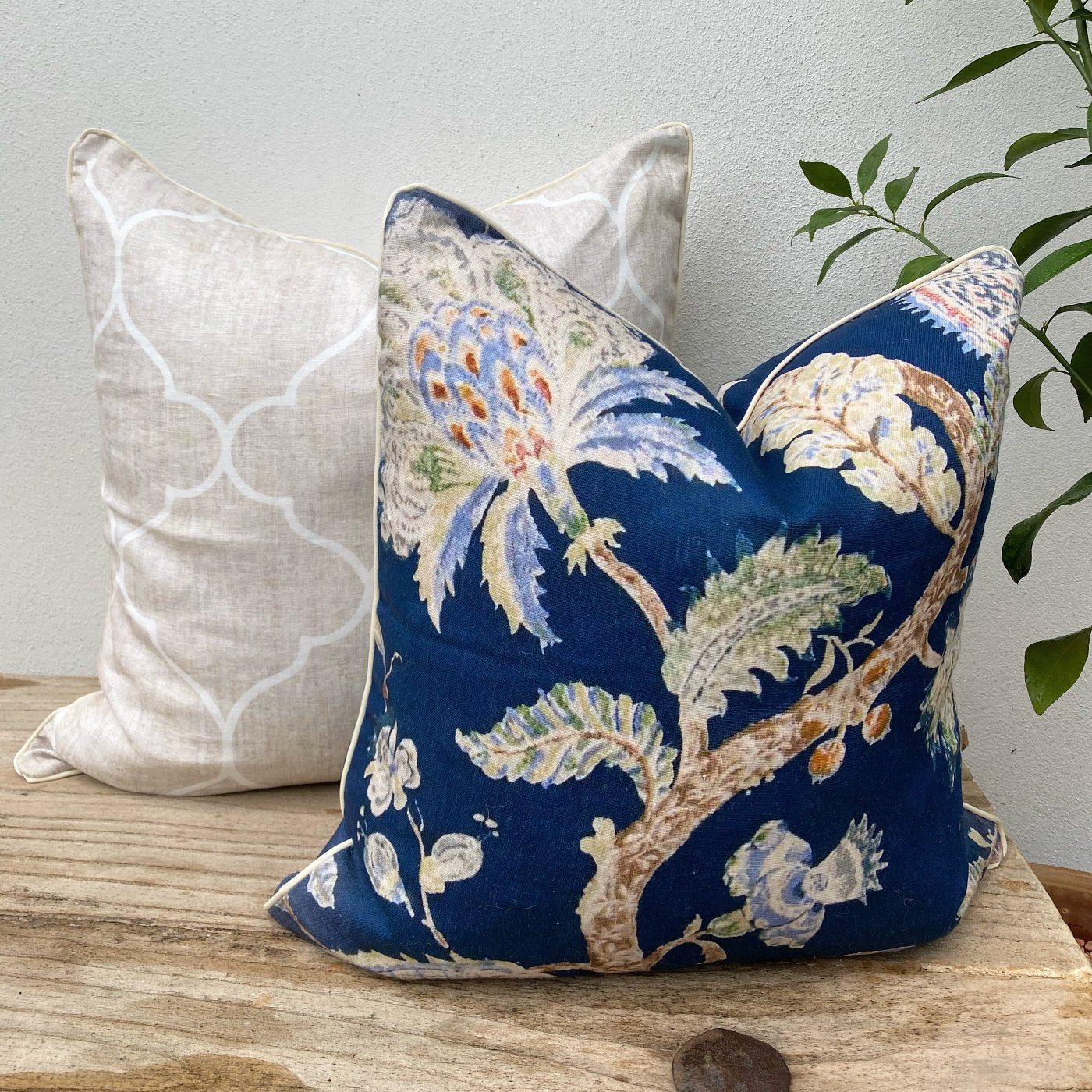 Set of 2 Beige and Dark Blue French Linen Jacobean Floral Cushion 