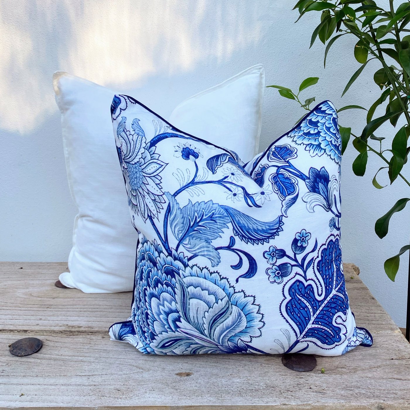 Set of 2 Blue Hamptons Jacobean Floral Cushions | Portsea