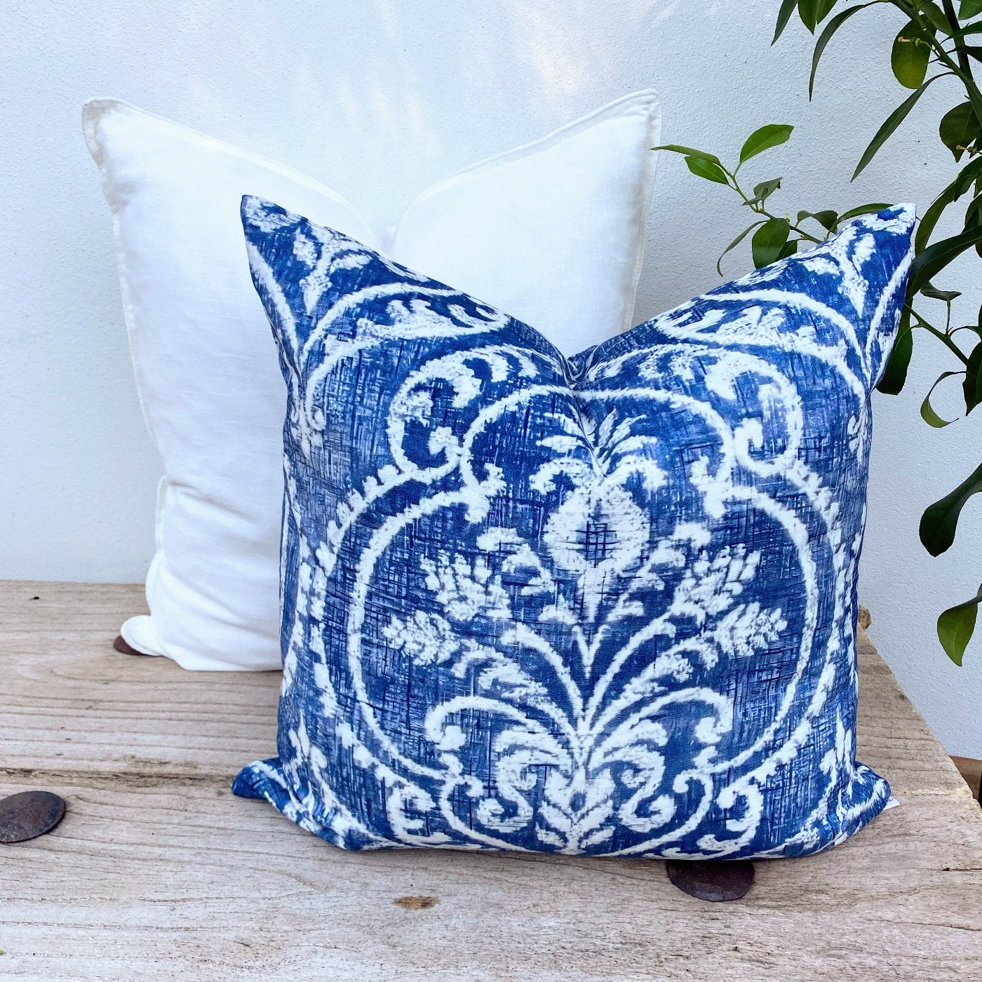 Set of 2 Boho Damask Floral Navy Blue and White Cushions