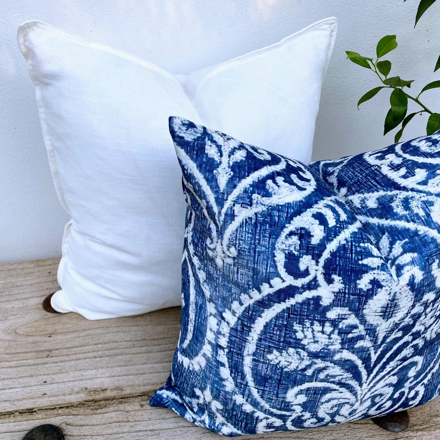 Set of 2 Boho Damask Floral Navy Blue and White Cushion Covers