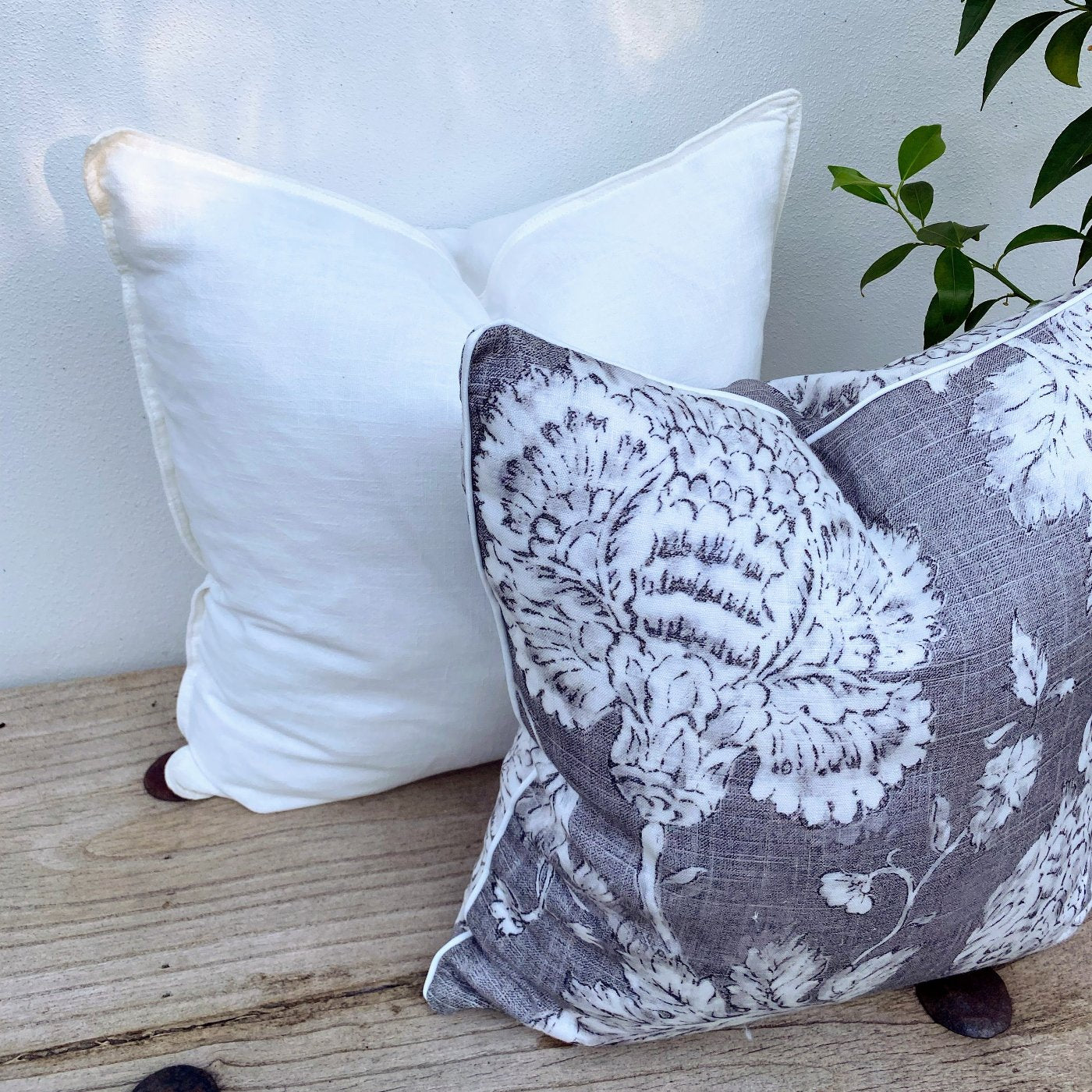 Set of 2 Floral Grey Linen Cushions | Vintage Grace