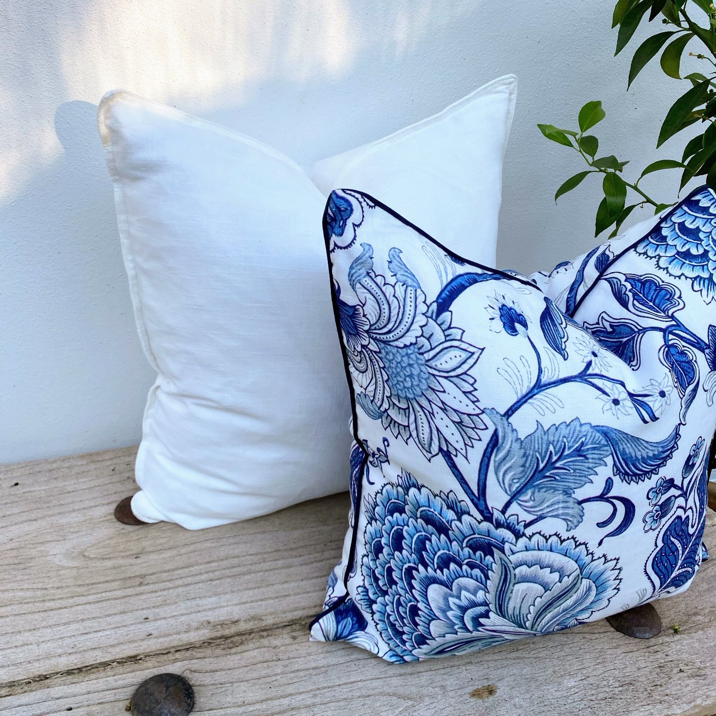 Set of 2 Navy Blue Hamptons Jacobean Floral Cushions | Portsea