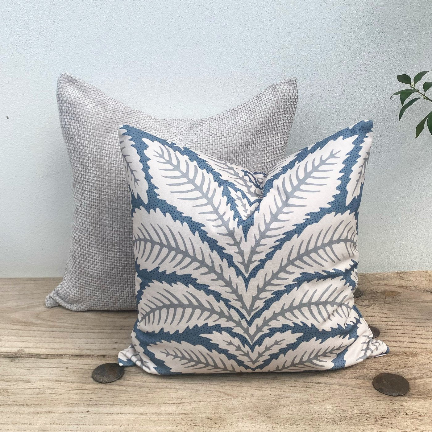 Set of 2 Blue White Grey Palm Cushion Covers