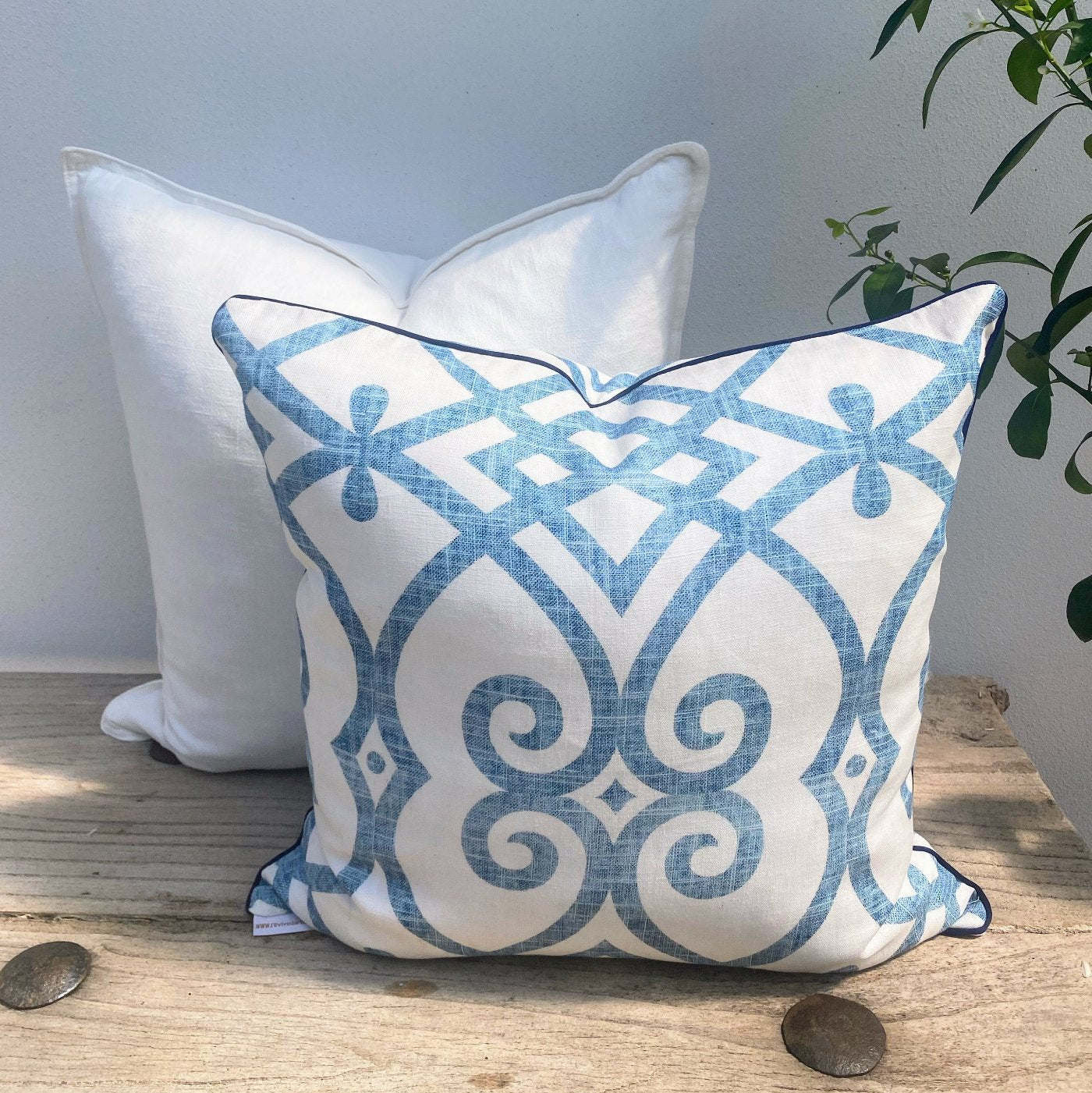 Set of 2 Scroll Patterned French Linen Hamptons Cushion Cover