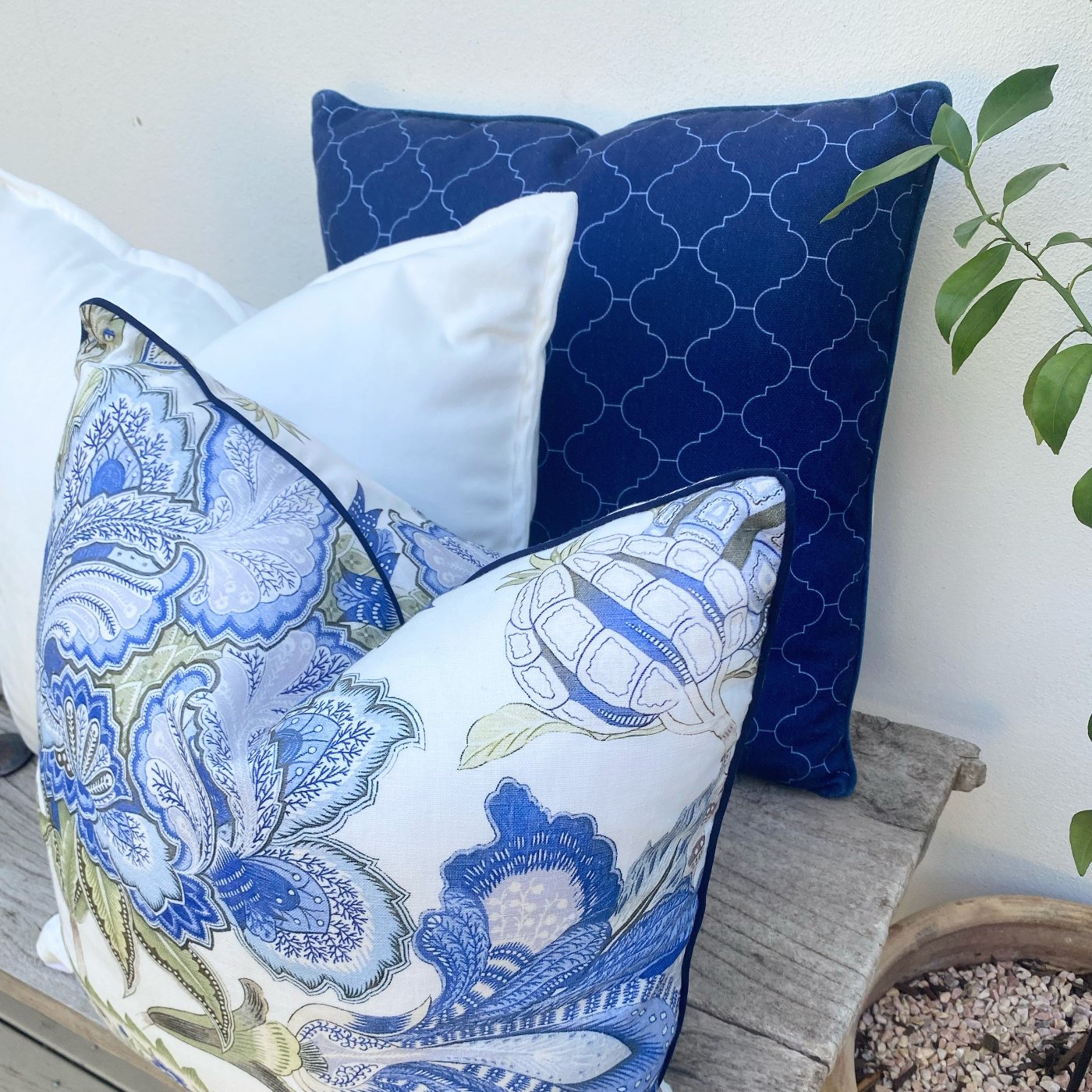 Set of 3 Hamptons Blue and White Cushion Covers