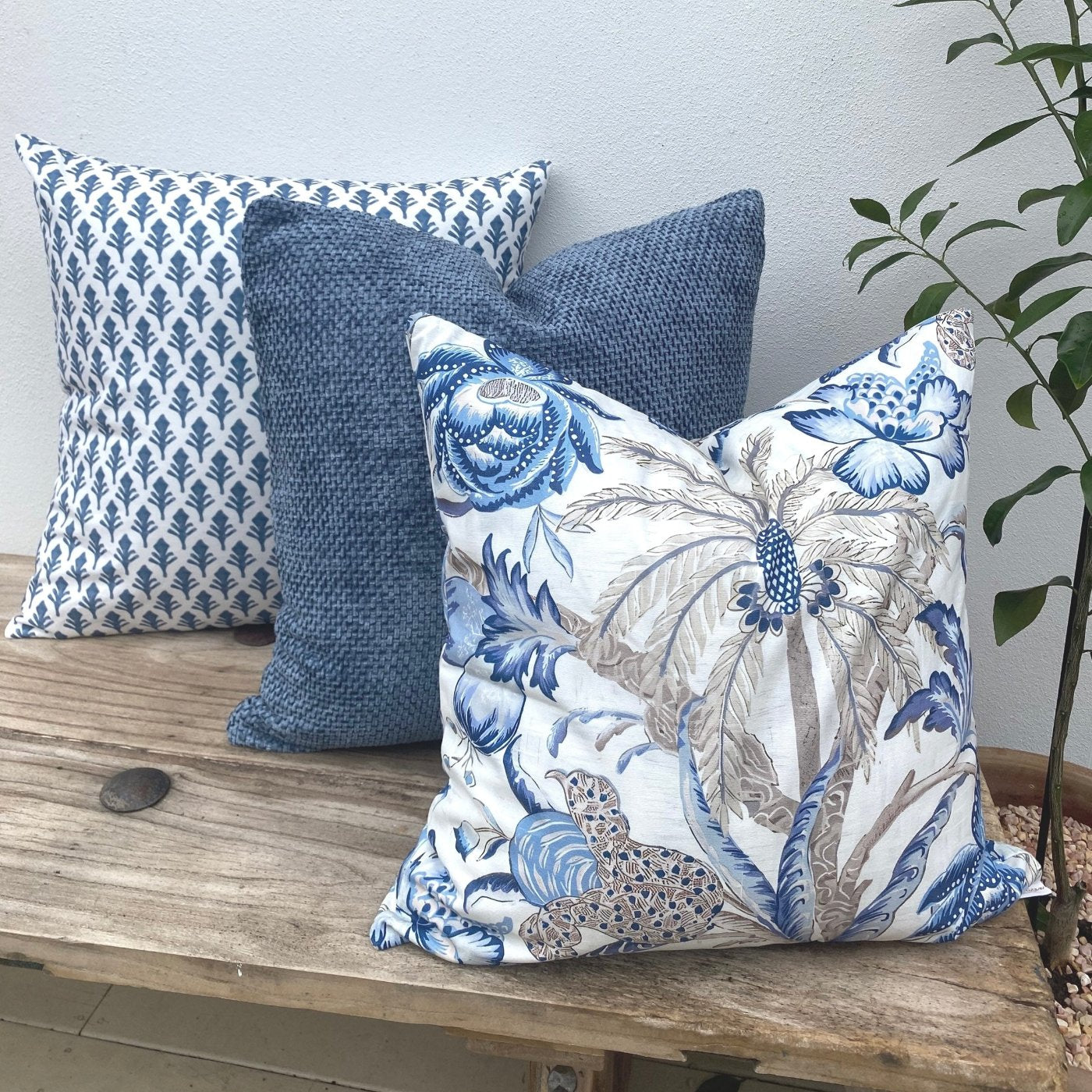 Set of Blue, White and Beige Coastal Tropical Palm Cushions