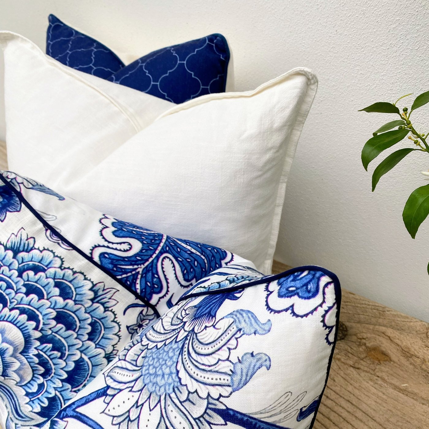 Set of 3 Coastal Blue and White Floral Cushions-Portsea