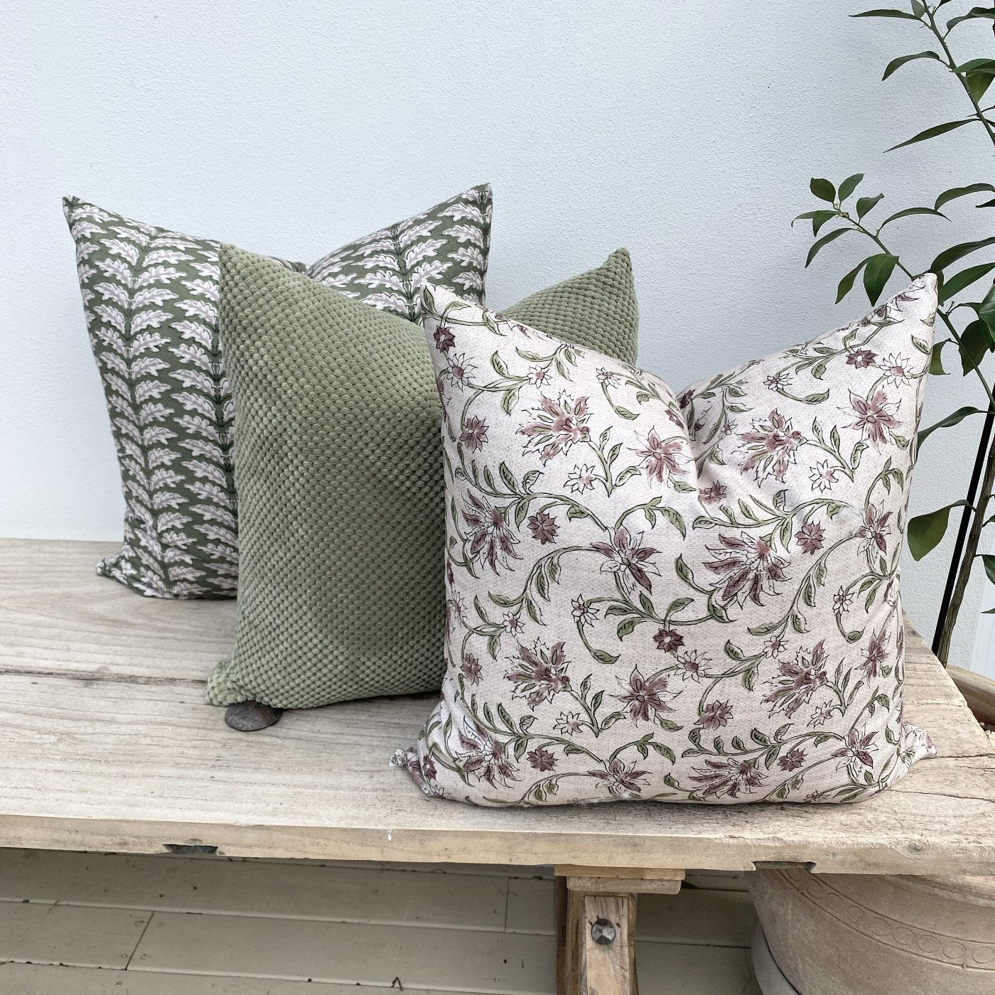 Set of 3 Floral Raya Green Cushions