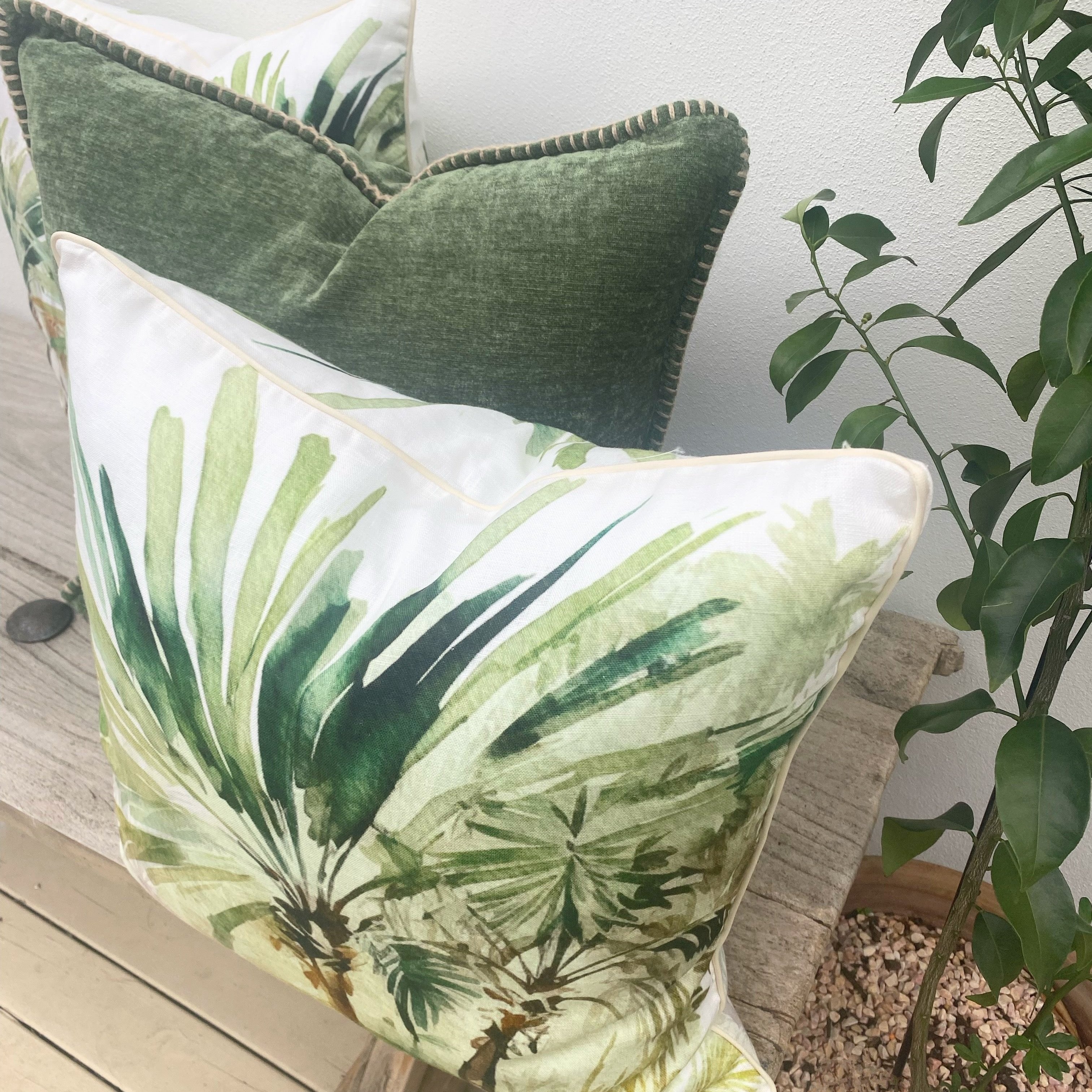 A set of 3 Green Linen and Velvet Tropical Cushions