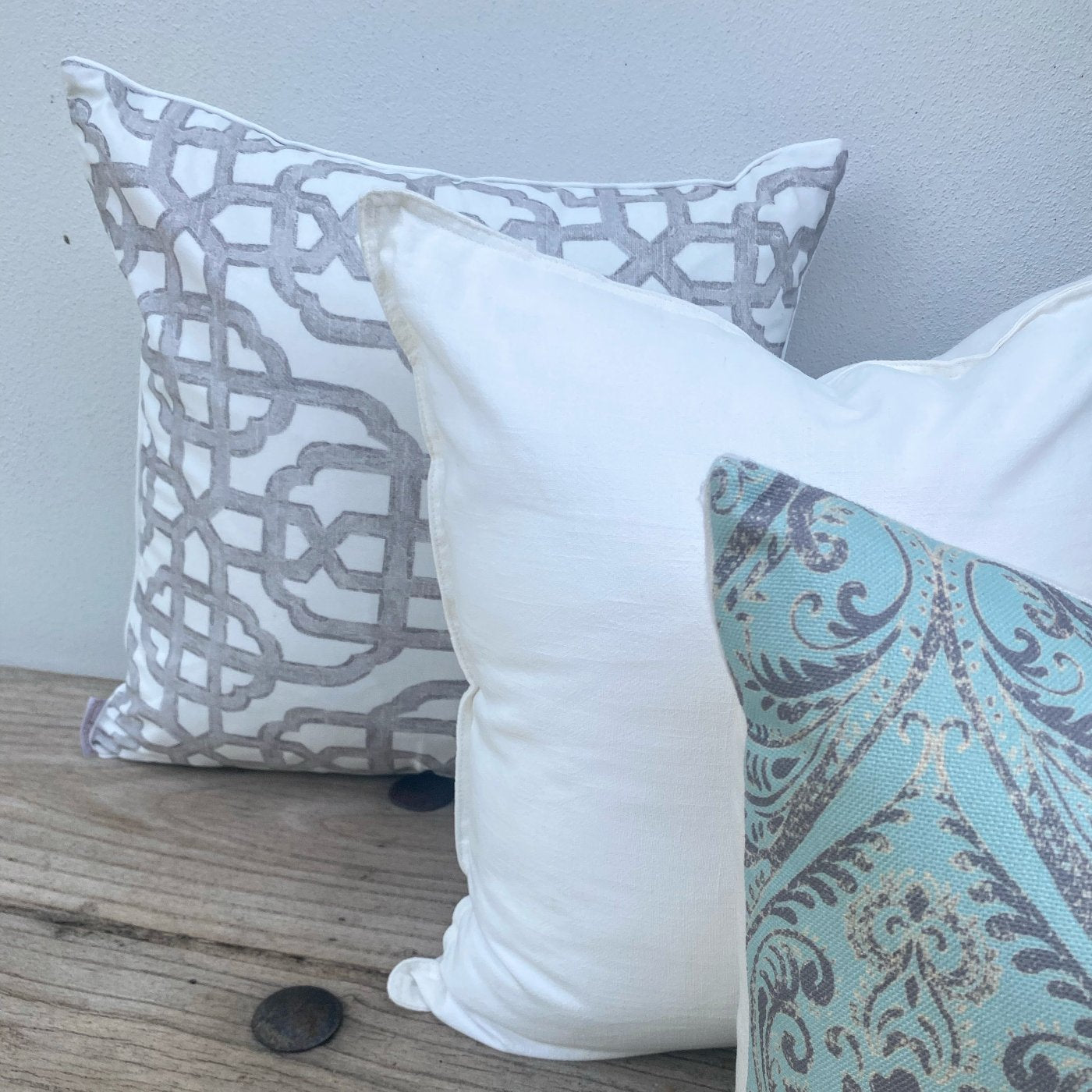 Set of Grey White and Duck Egg Blue Cushions