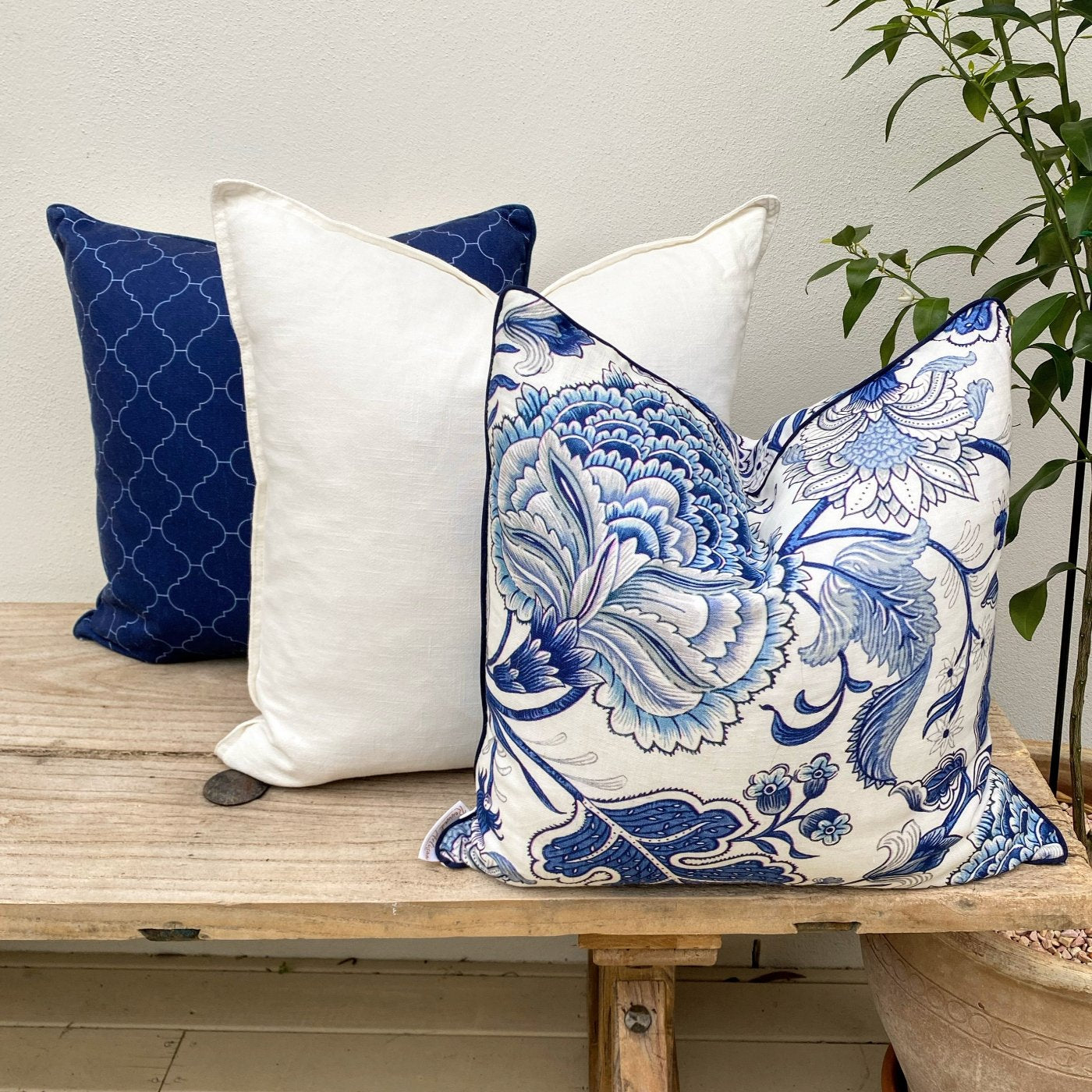 Set of 3 Hamptons Blue and White Floral Cushions-Portsea