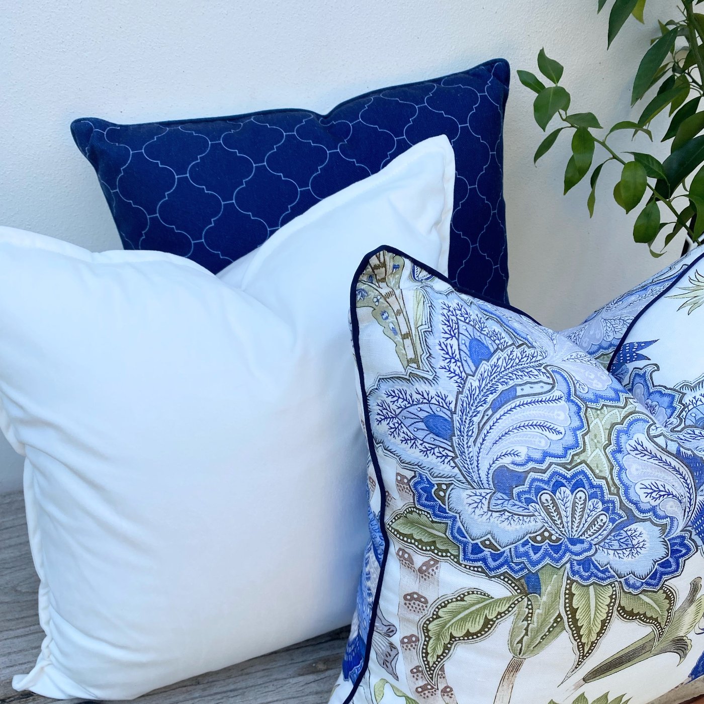 Set of 3 Floral Blue White Green Hamptons Cushion Covers