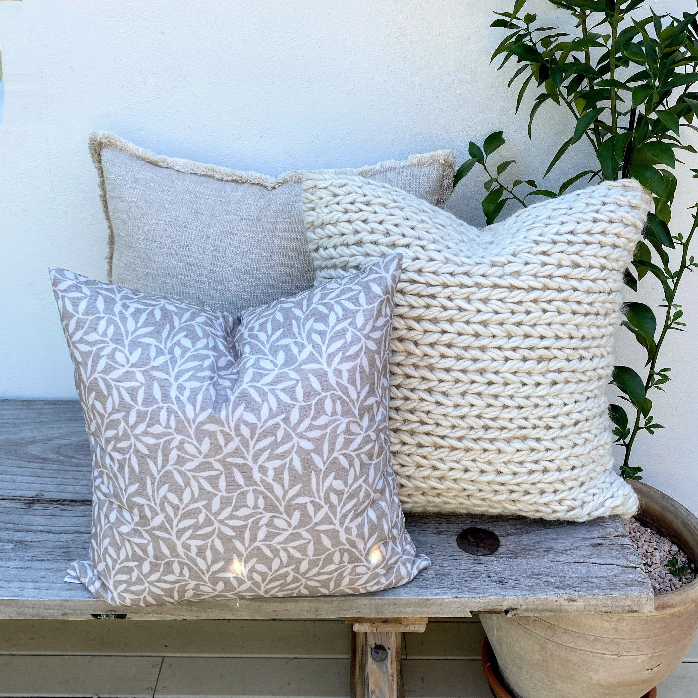 Set  of 3 Natural Beige Cotton Wool Cushions