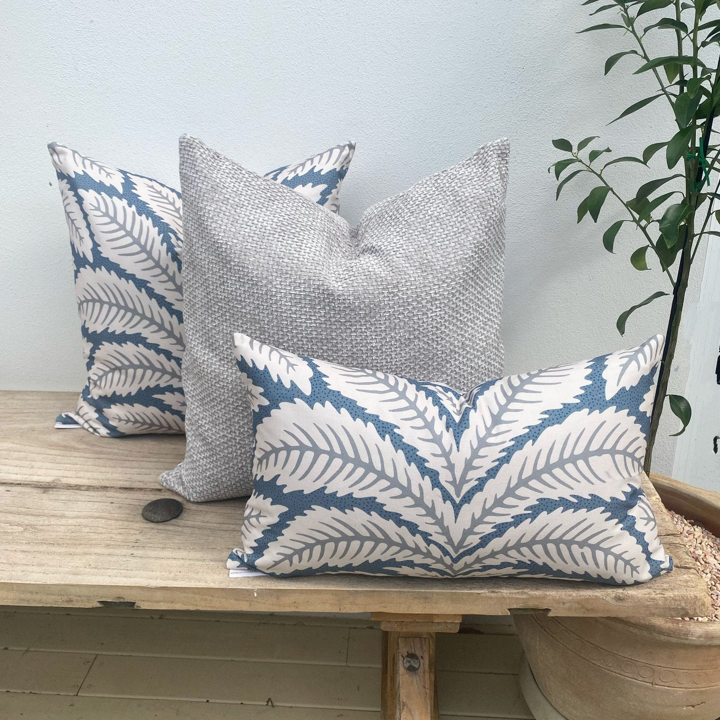 Set of 3 Palm White Blue Grey Cushions