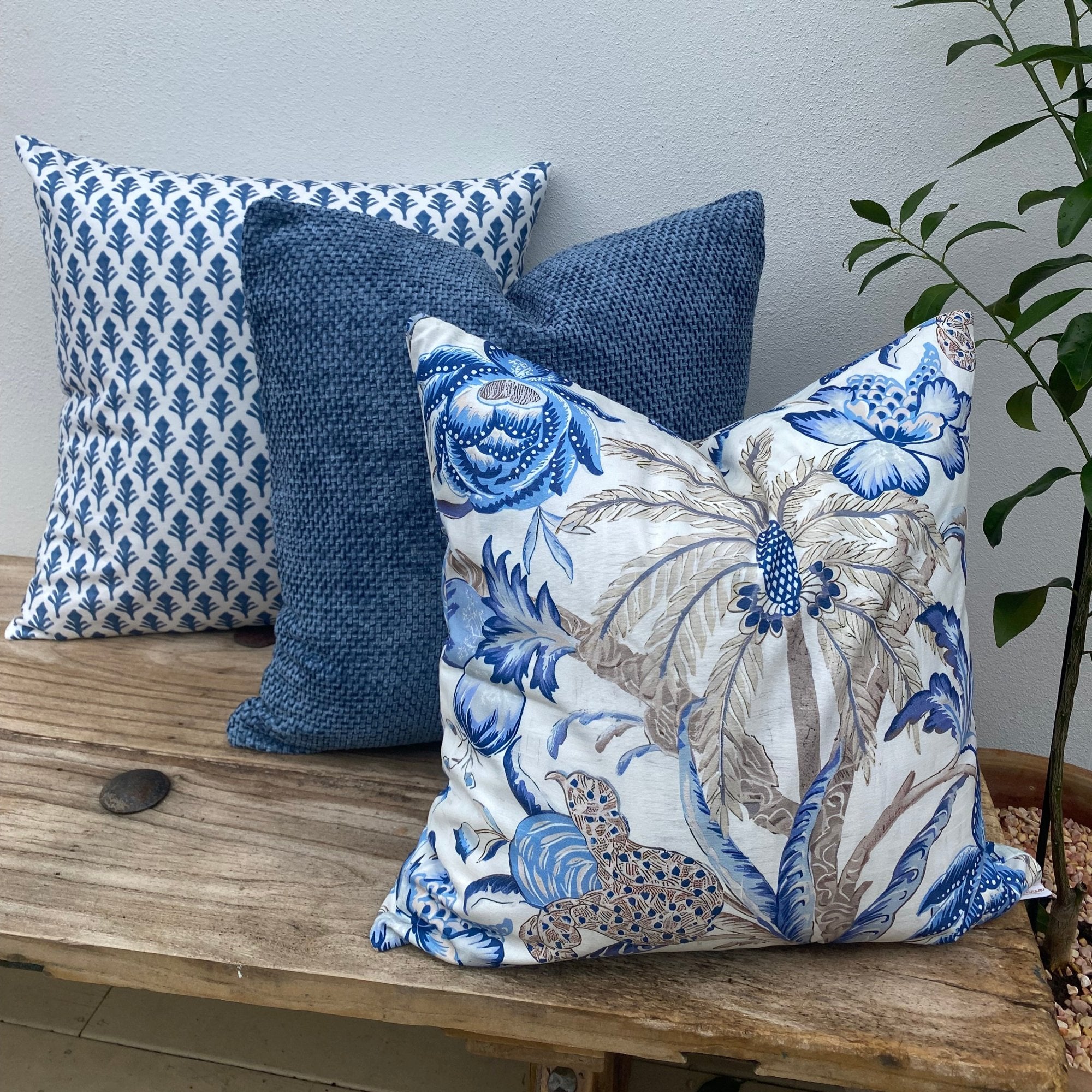 Set of 3 Palmtree Blue White Beige  Cushions