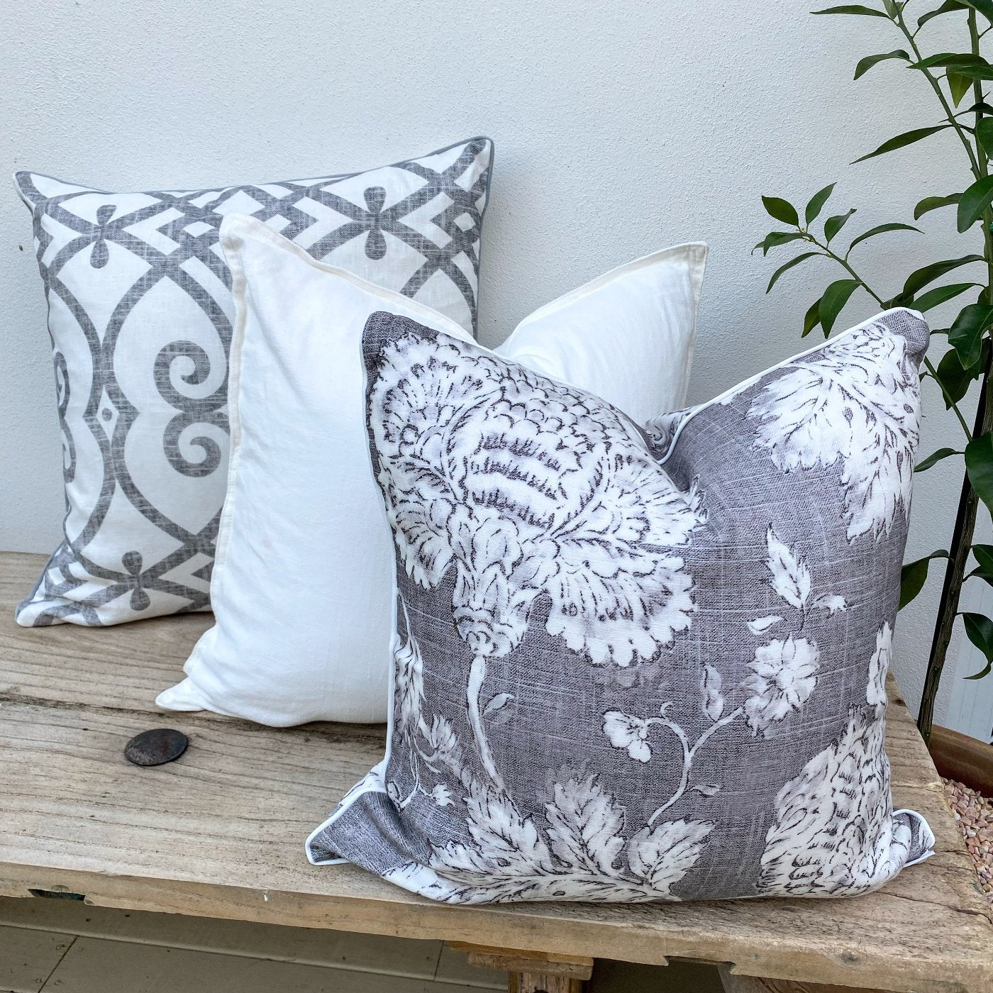 Set of 3 Patterned and Floral Grey and White Cushion Covers