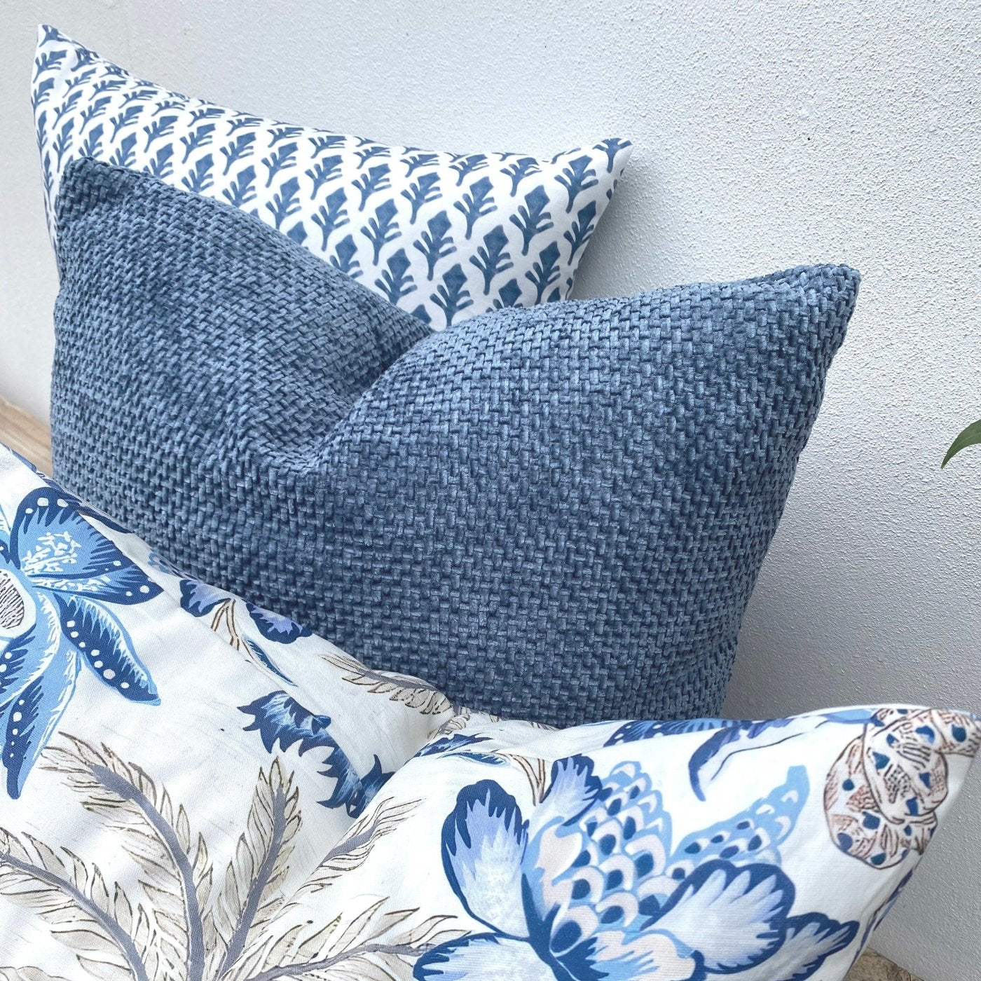 Set of 3 Blue and White Patterned Palmtree Cushions