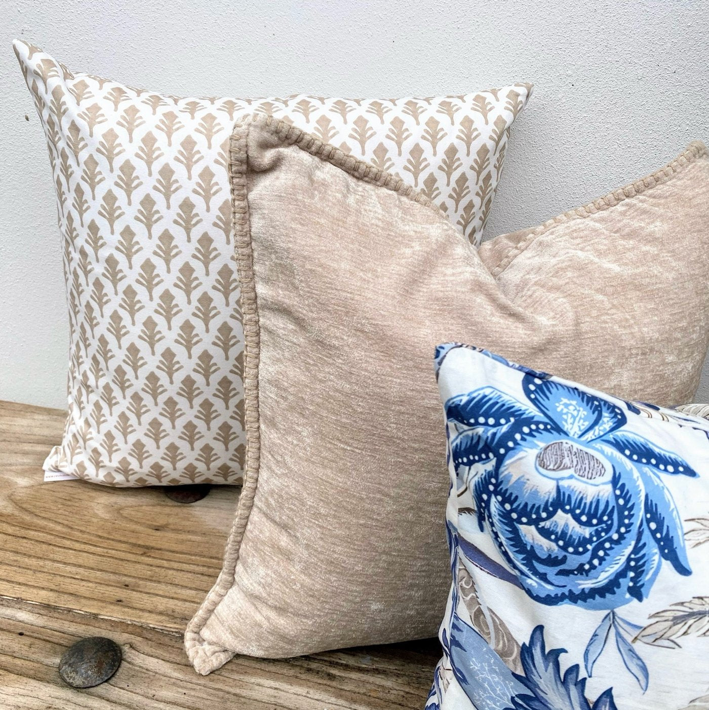 Set of 3 Beige, White and Blue Coastal Palmtree Cushions