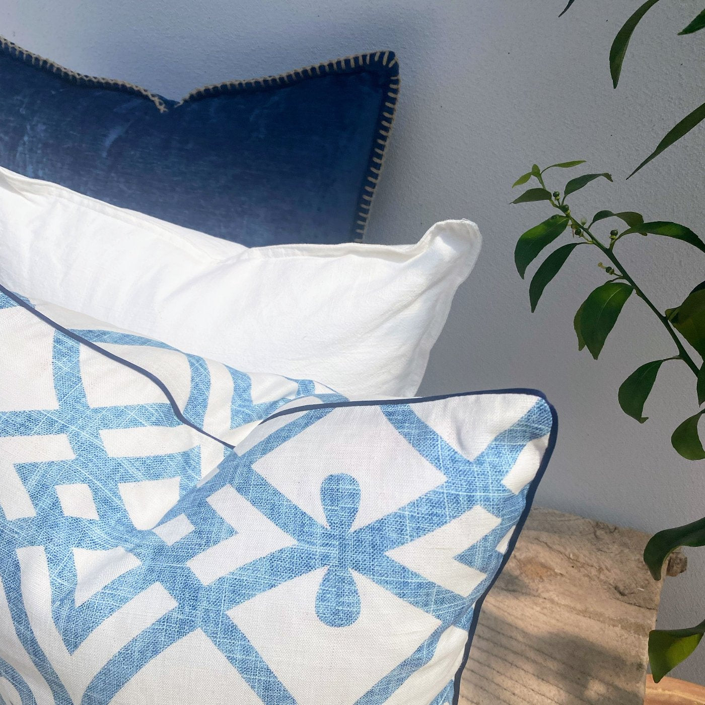 Set of 3 Velvet and French Linen Blue and White Cushion Covers