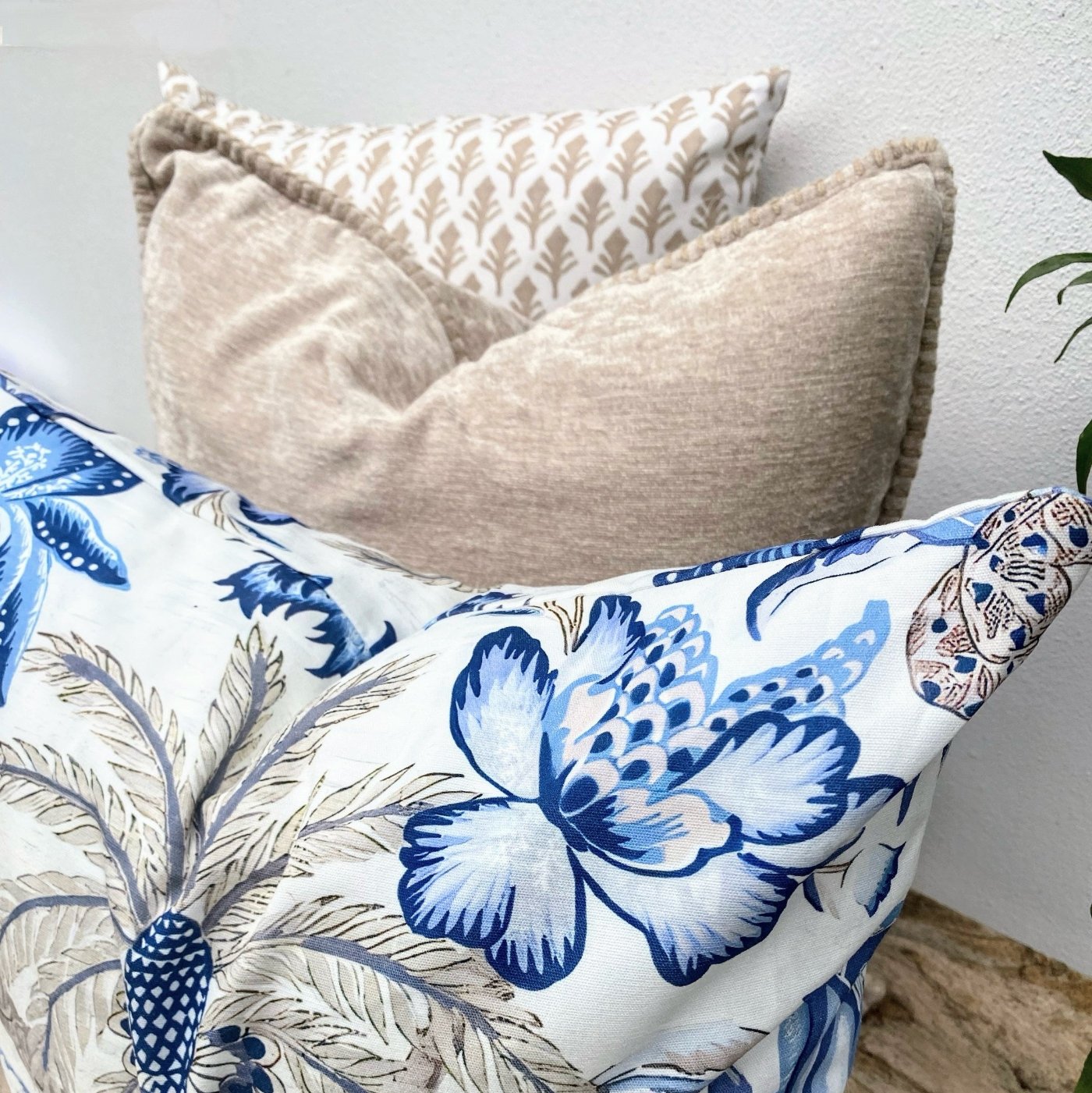 Set of 3 Beige White and Blue Tropical Palm Tree Cushions