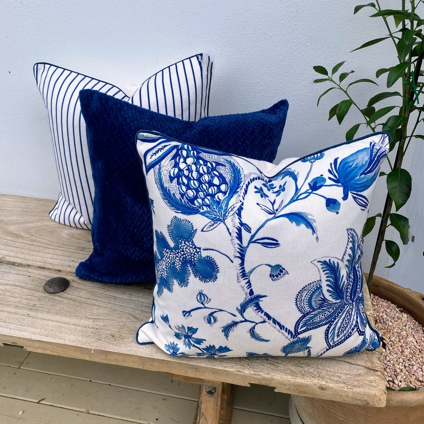 Set of 3 Blue and White Jacobean Floral Cushion Covers