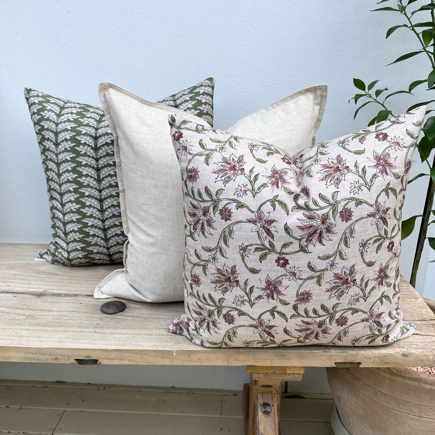 Set of 3 Floral Green Beige Linen Cotton Cushions