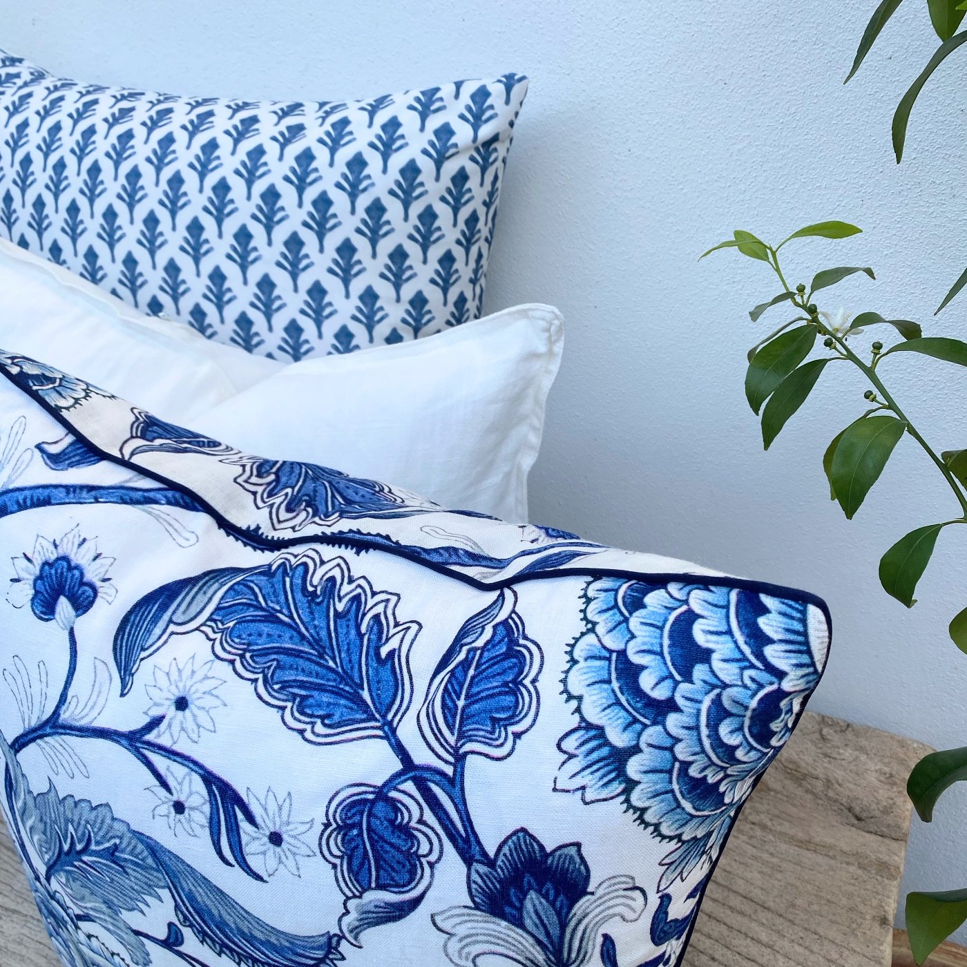 Set of 3 Hamptons Style Blue and White Cushions-Portsea