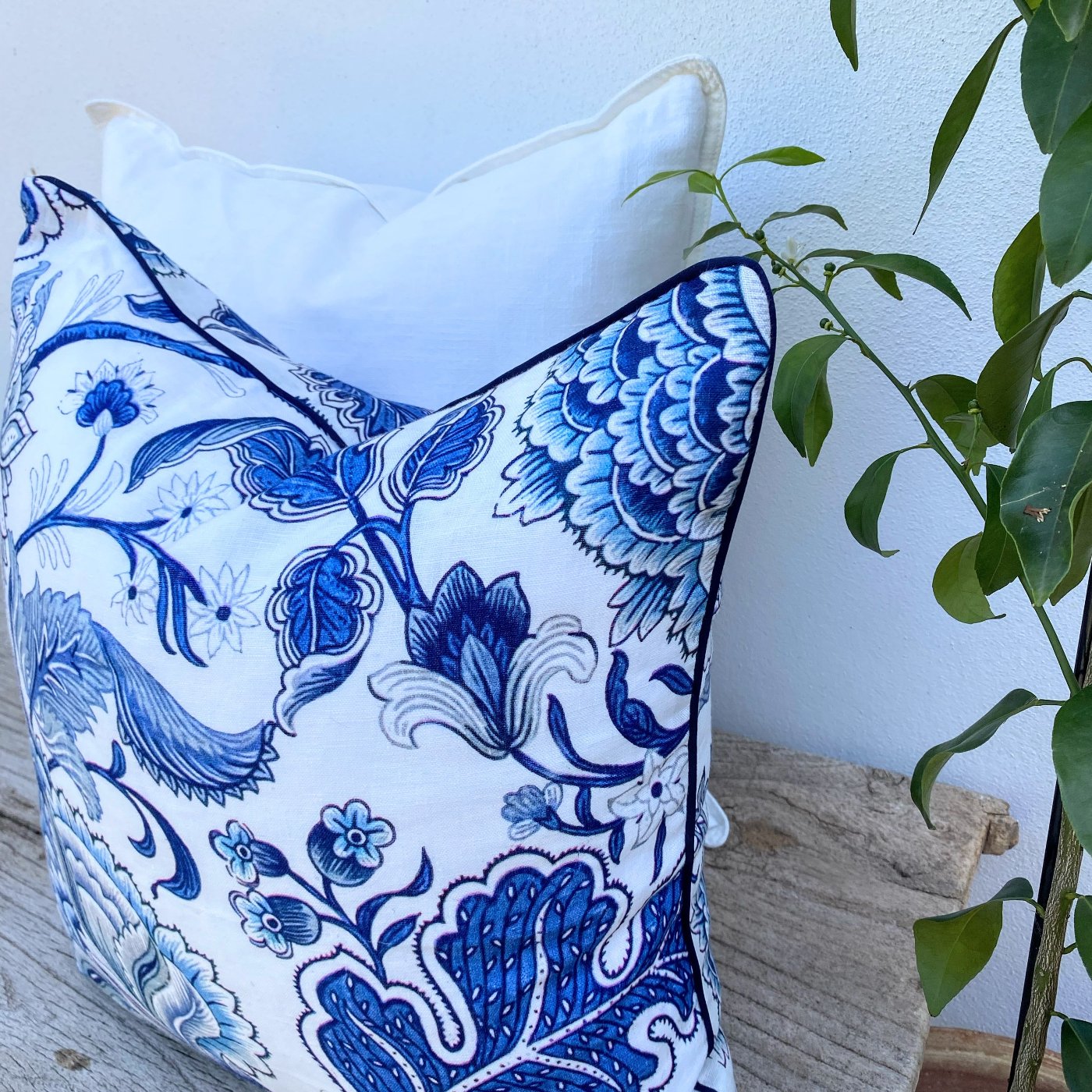 Set of 2 Navy Blue Hamptons Jacobean Floral Cushions | Portsea