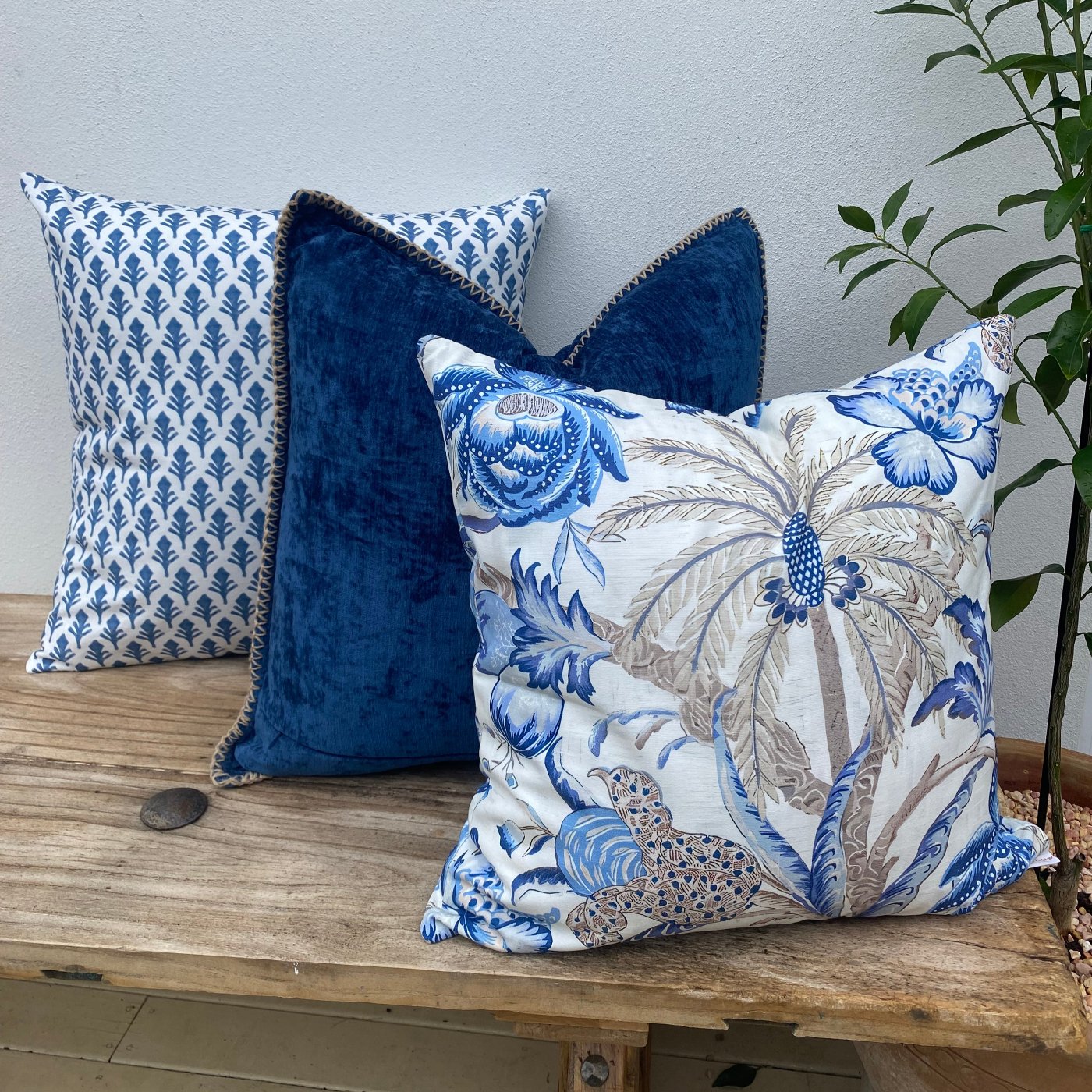 Set of 3 Beige, White and Blue Tropical Palm Tree Cushions