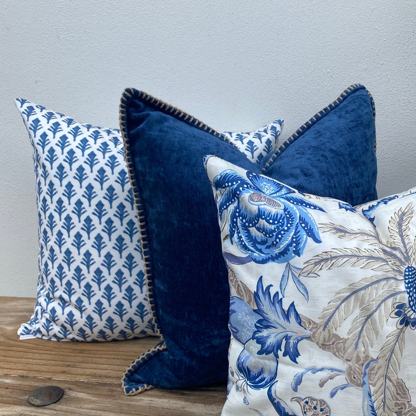 Set of 3 White and Blue Coastal Palmtree Cushions