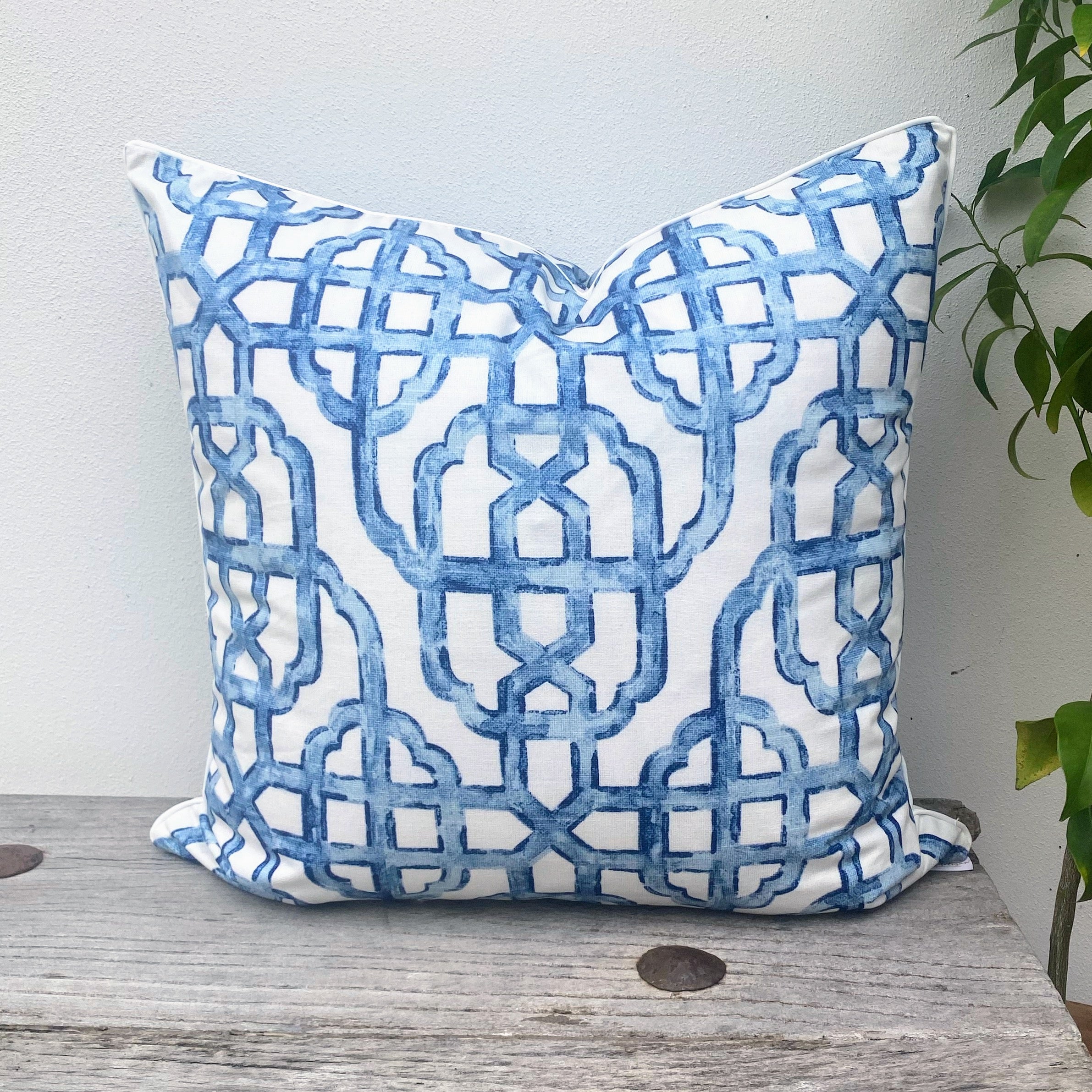 100% Cotton Trellis Blue White Cushions | Imperial Seaside