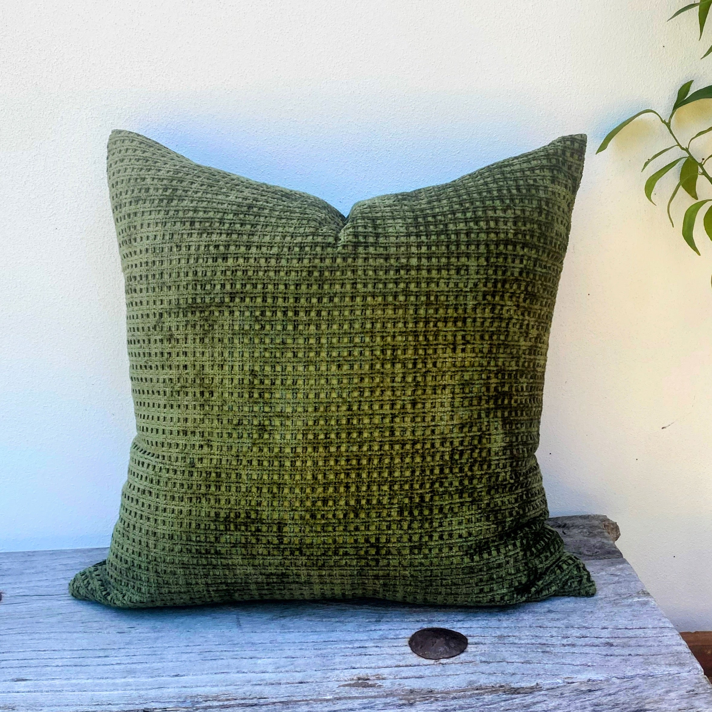 Olive Green Velvet Chenille Cushion| Checker