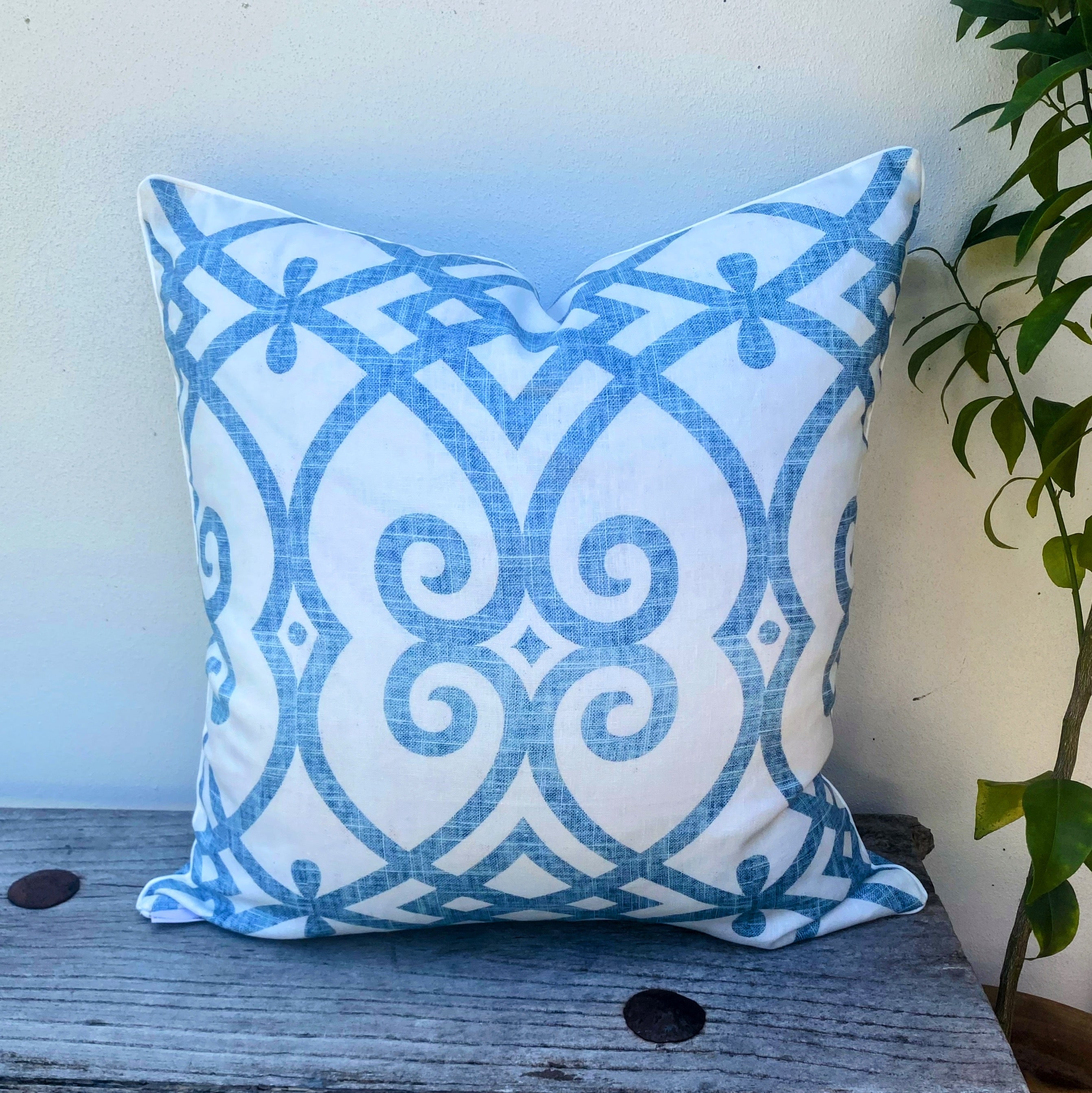 French Linen Blue White Patterned Cushion | Seafoam Scroll