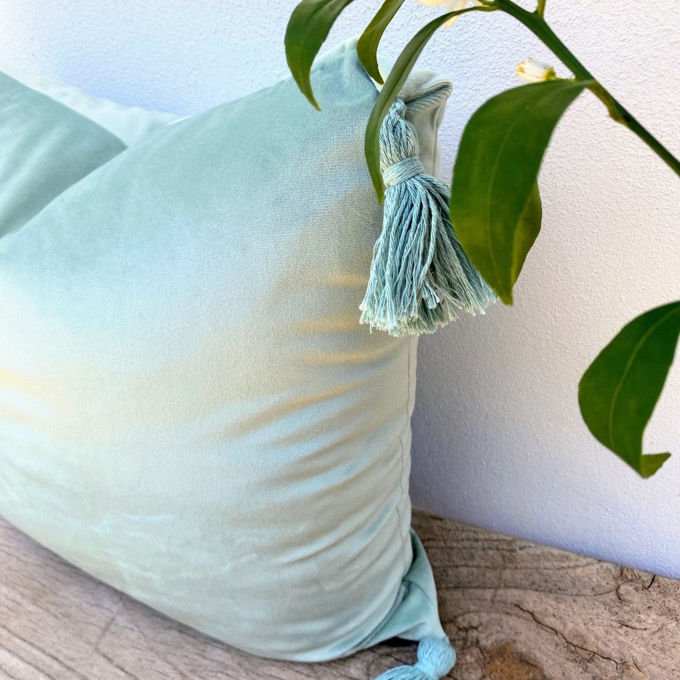 45cm Duck Egg Blue Green Velvet Tassel Cushion