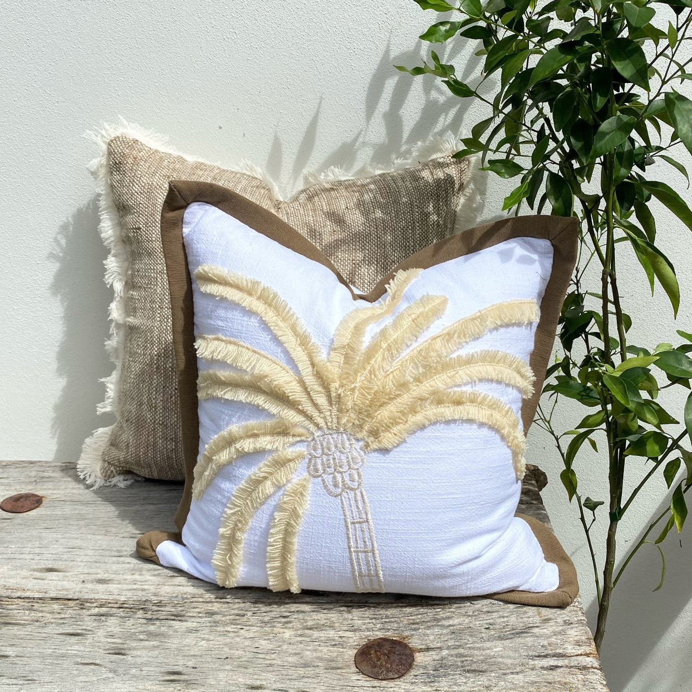 45cm White Cushion Cover with Palm Tree