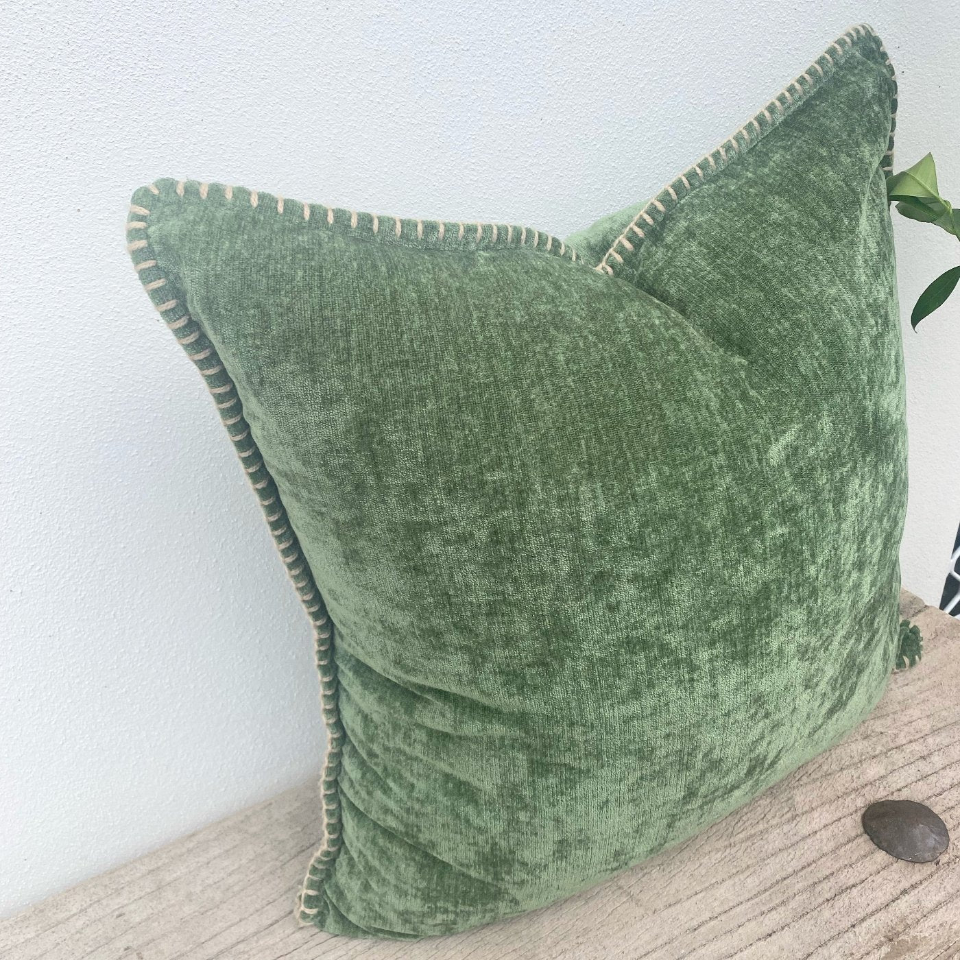 Set of 3 Green Linen Tropical Palm Cushion Covers| Bahamas-Revived Artisan Eco Home Decor