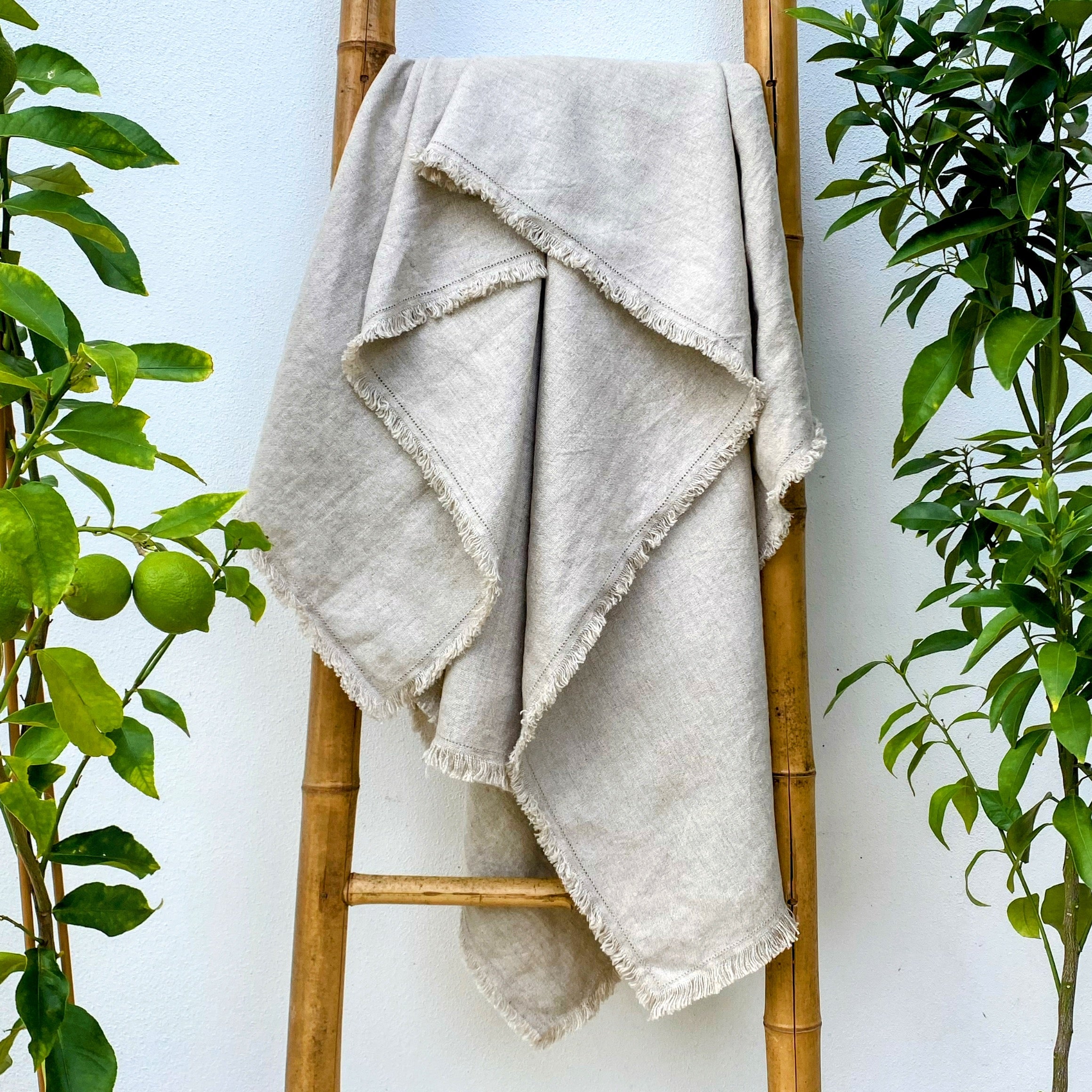 Large Natural Pure French Linen Fringed Blanket Throw Wrap| Soho Sand