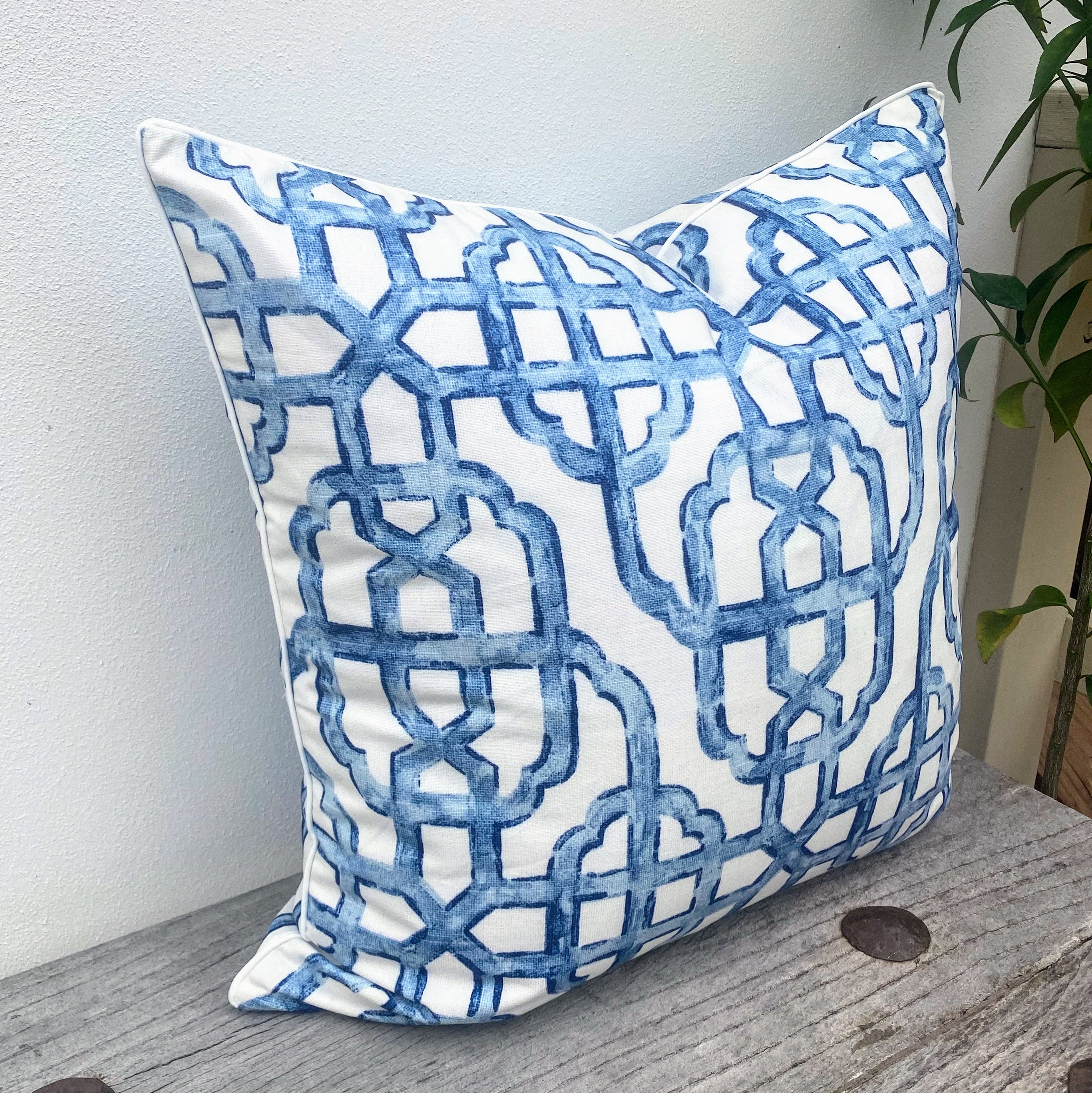 100% Cotton Trellis Blue White Cushions | Imperial Seaside